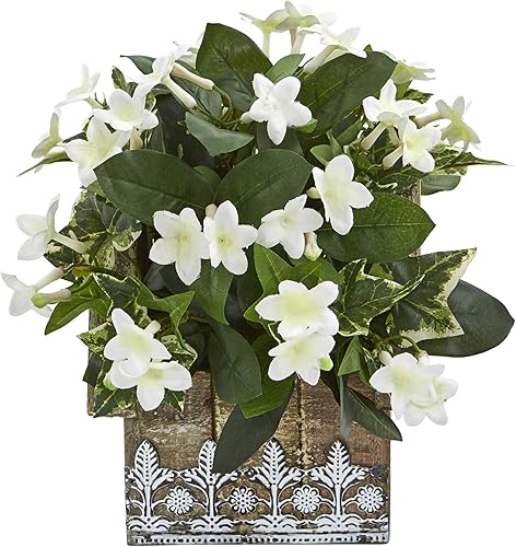 Nearly Natural Mini maceta de seda con diseño floral para colgar en casa de Stephanotis e hiedra, de 10 pulgadas, color blanco