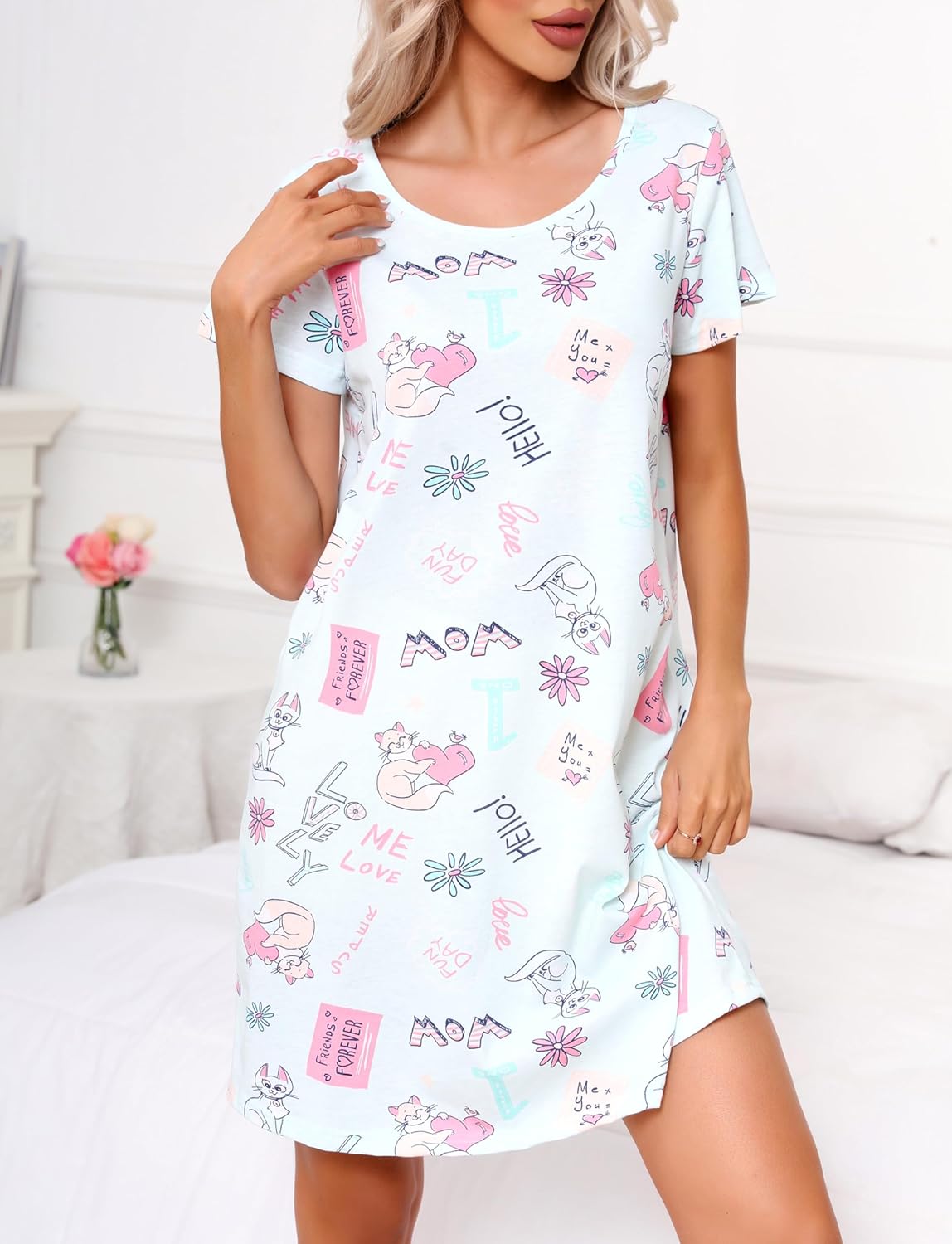 PNAEONG Women's Nightgowns Short Sleeves Cotton Sleepwear Print Sleep Shirt XTSY108-Blue Cat-XL - Image 2