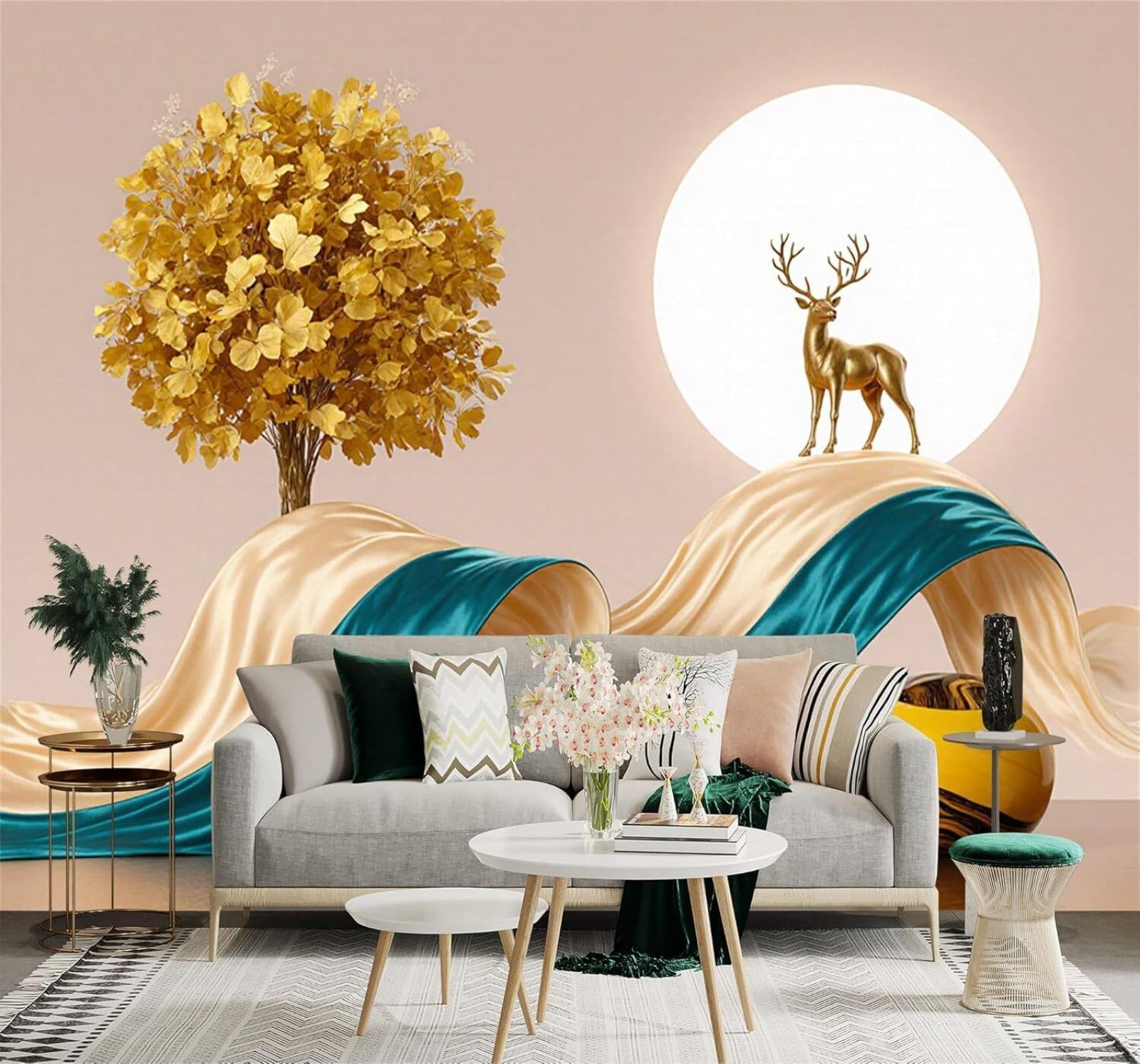 XLMING Relief Golden Trees Golden Deer Ribbons Full Moon Landscape 3D Wallpaper Silky Texture Home Study Office Grey Dining Room Sofa Bedroom Living Room TV Backdrop-350cm×256cm