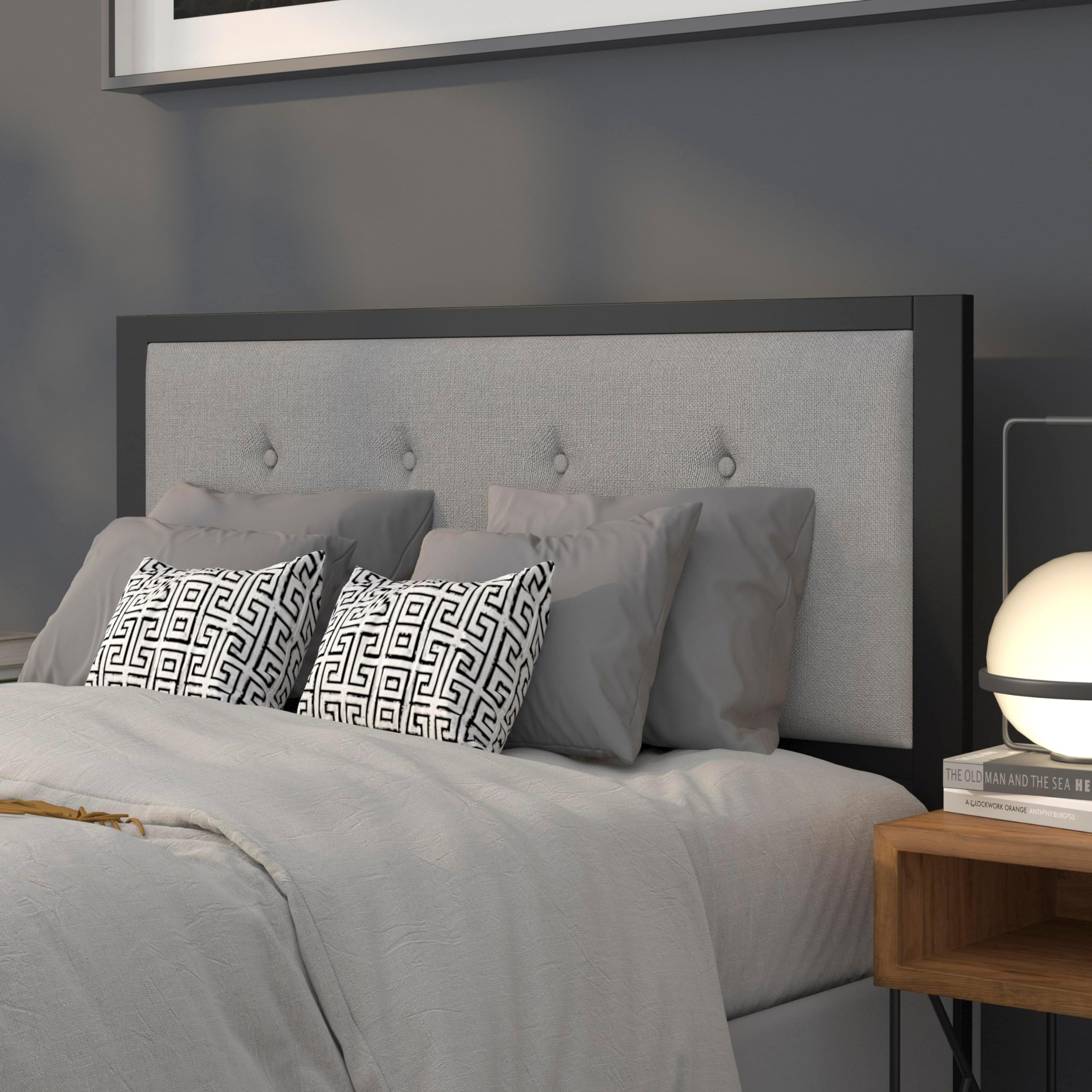 EMMA + OLIVER Full Size Upholstered Metal Panel Headboard in Tufted Light Gray Fabric