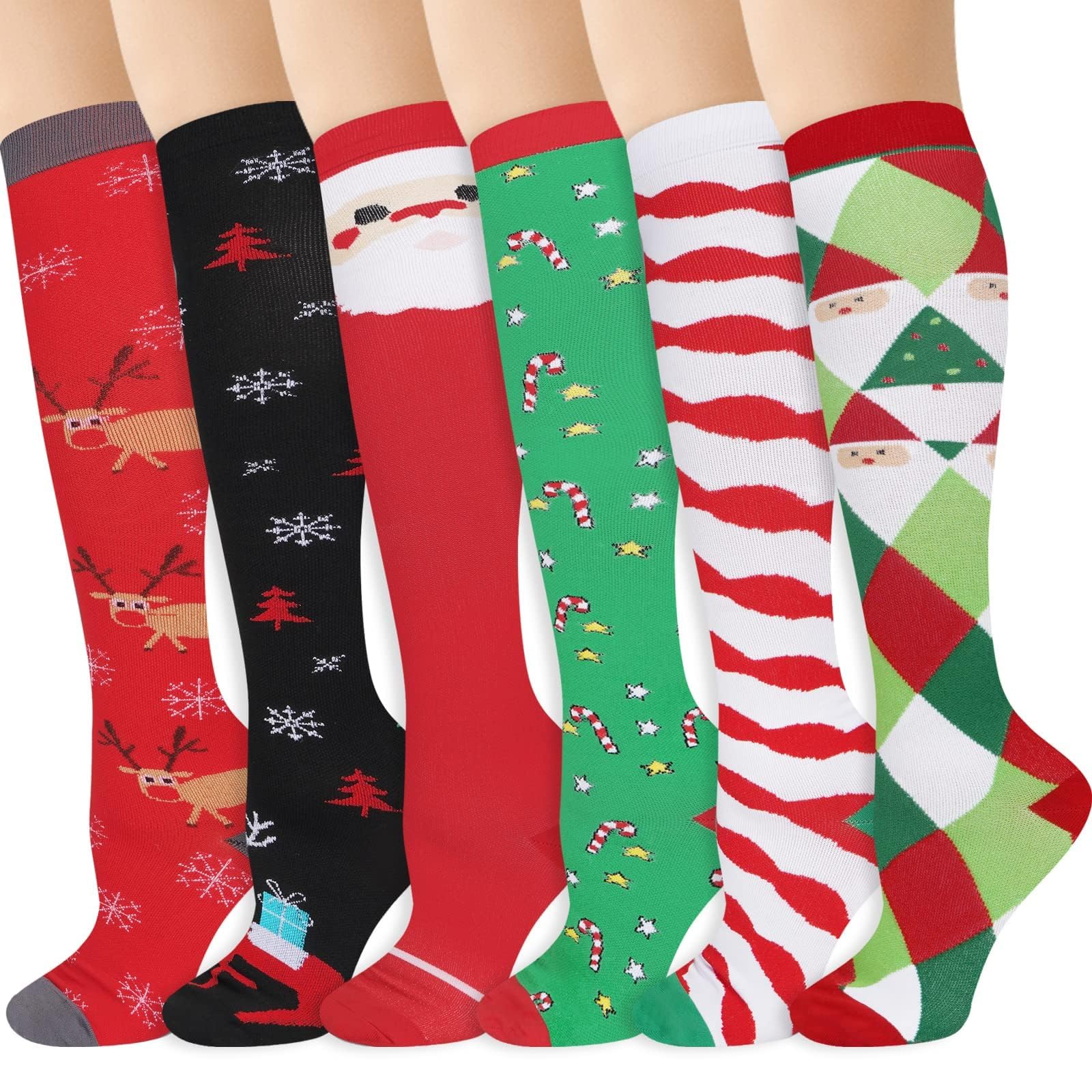 Wegitcs 6 Pairs Christmas Compression Socks for Women & Men, Knee High Compression Socks 20-30 mmHg for Running, Cycling