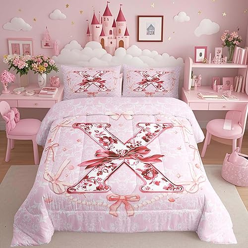 Erosebridal Teen Girl Coquette Bow Queen Bedding Sets Trendy Fantasy Pink Initia