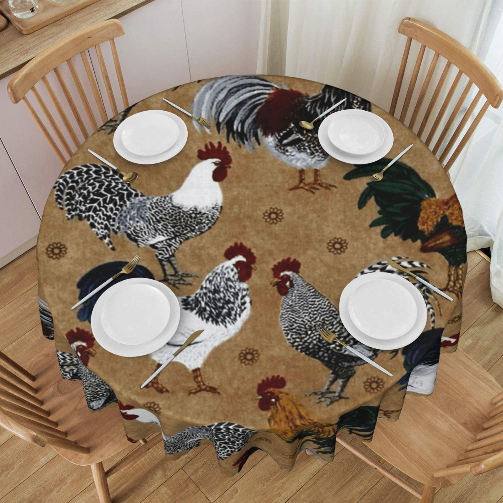 DCEHGEW 60 In Round Tablecloth with Lace, Rooster and Chicken Print Printed Oilproof & Washable Fabric Picnic Table Cloth Table Covers