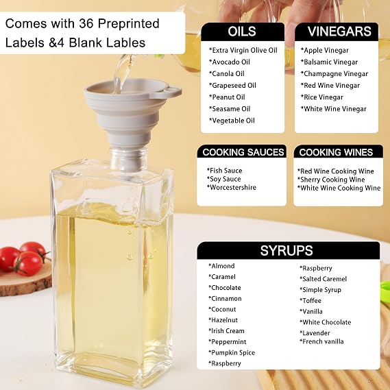 Hniuyun 2Pcs Oil Bottles for Kitchen, 500ml Glass Olive Oil, Vinegar & Coffee Syrup Dispenser with Drip-Free Spouts, Waterproof Labels & Silicone Funnel, Gold