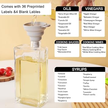 Hniuyun 2Pcs Oil Bottles for Kitchen, 500ml Glass Olive Oil, Vinegar & Coffee Syrup Dispenser with Drip-Free Spouts, Waterproof Labels & Silicone Funnel, Gold