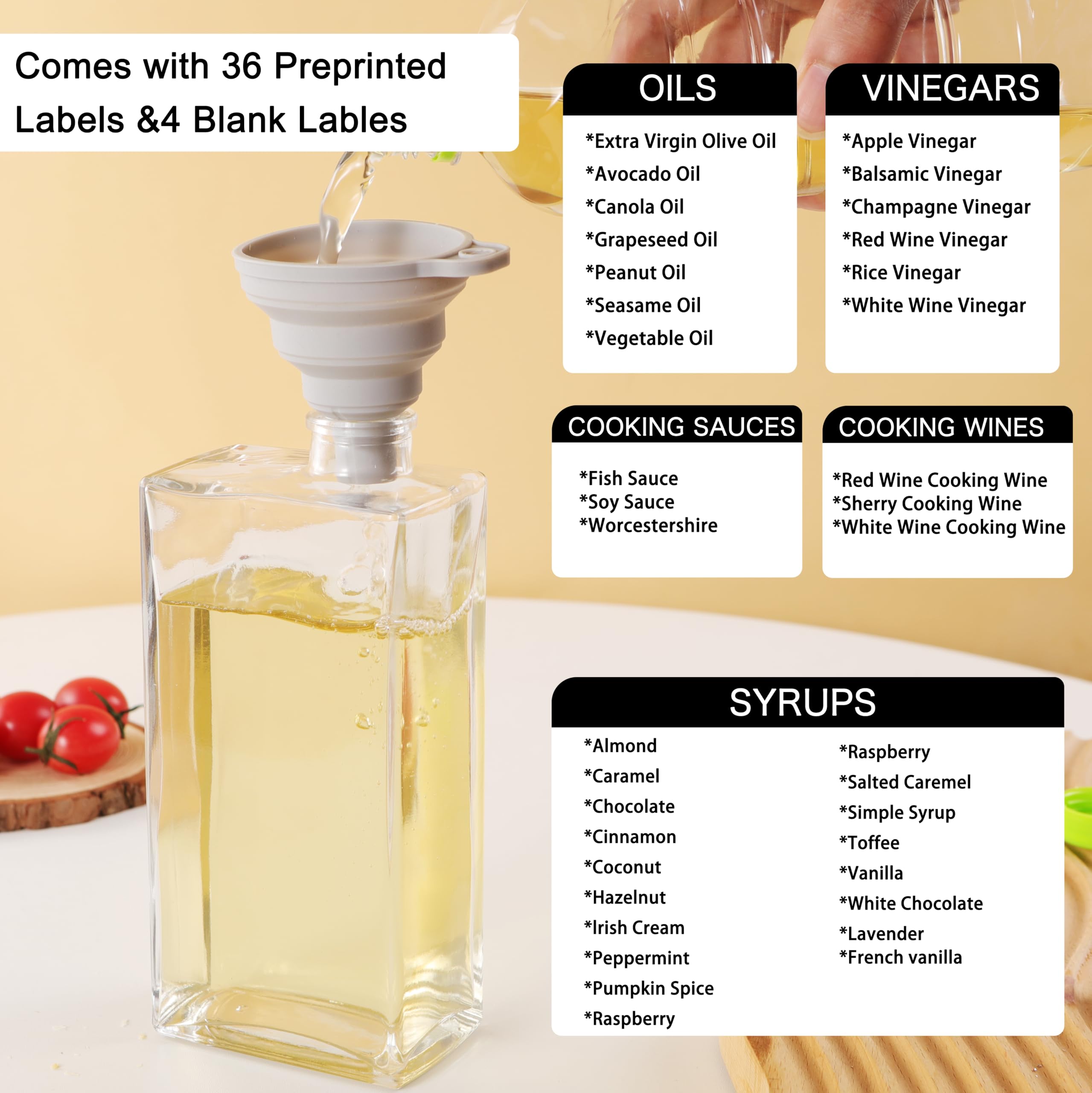Hniuyun Lot de 4 bouteilles d'huile pour cuisine, 500 ml, distributeur d'huile d'olive, de vinaigre et de sirop de café avec bec anti-goutte, étiquettes étanches et entonnoir en silicone, doré