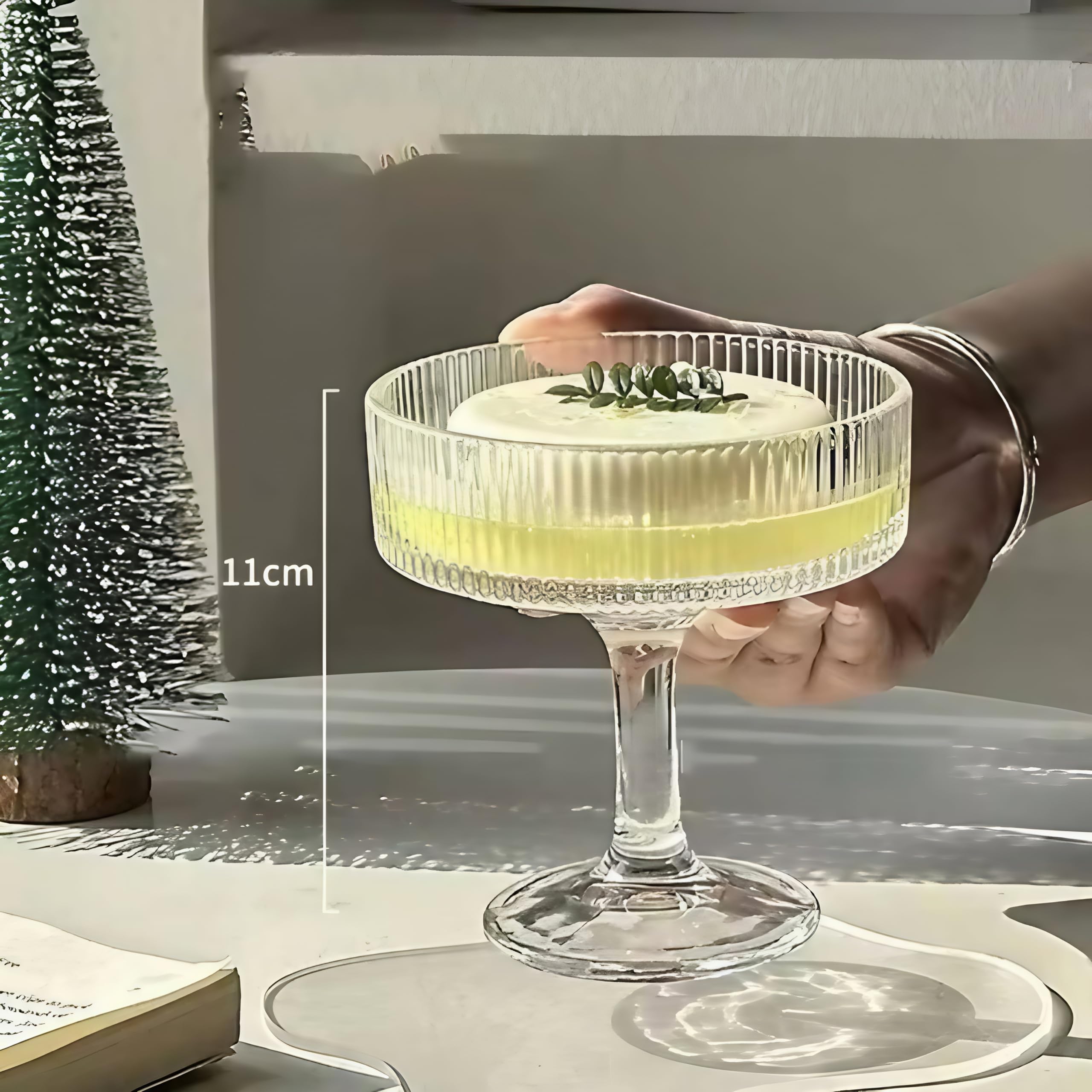 Inovique Enterprises 200ml Stria Coupe Glass Set of 2 - Ribbed Crystal Cocktail & Champagne Glasses | Vintage Coupe Stemware for Martinis, Margaritas & Desserts 1