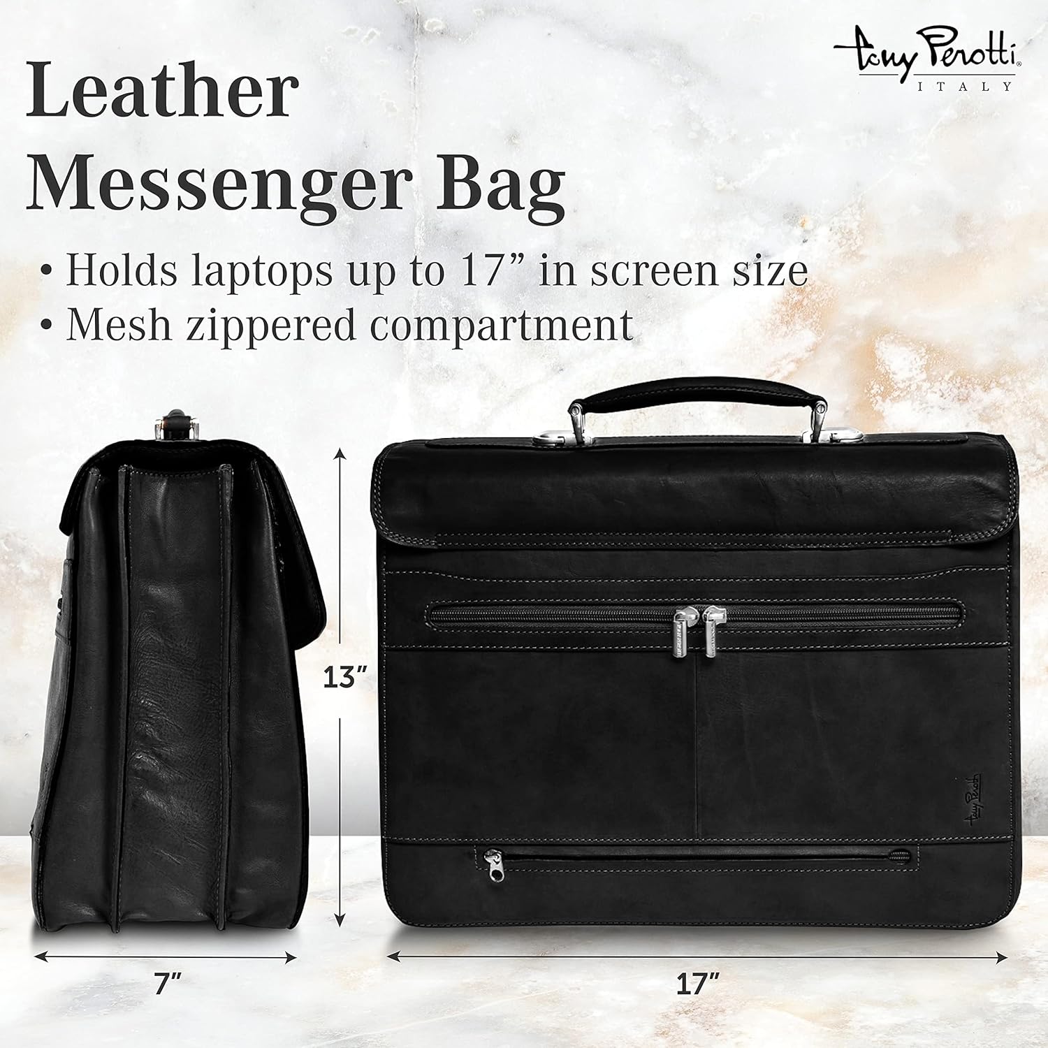 Tony Perotti Bella Russo Men's Italian Leather Messenger Bags - Triple Compartment Briefcases for Men - Tanned Leather