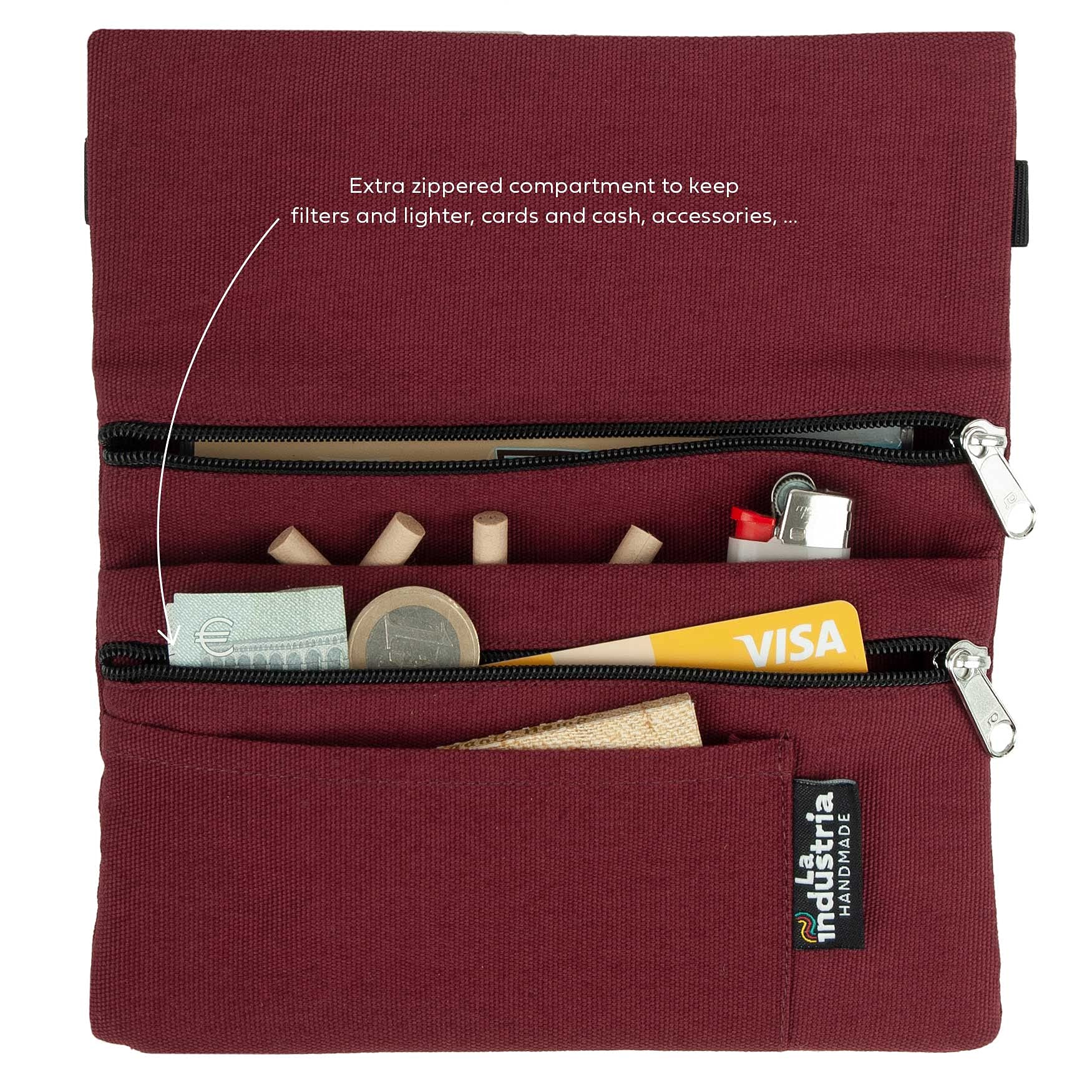 Tabaktasche für Drehtabak, Filter, Blättchen und Feuerzeug - Tabakbeutel mit extra Reißverschlussfach für Handyzubehör, EC-Karten, Bargeld ...