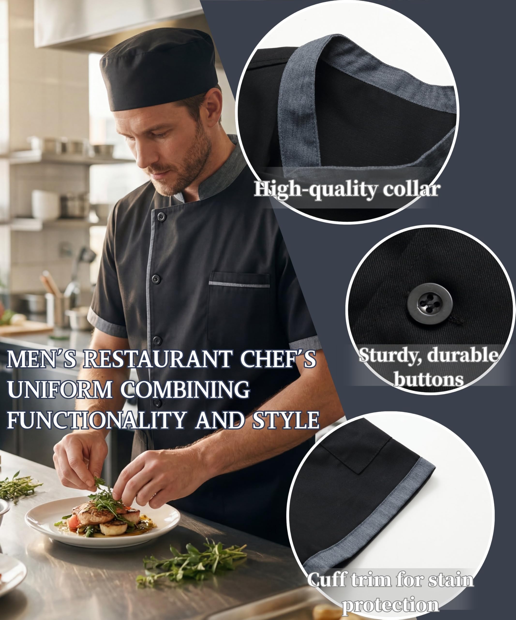 Giacca da Cuoco da Uomo in Cotone Traspirante Ristorante Divisa Maniche Corte Leggera Uniforme Cuoco Professionale Ristorante Giacca per Hotel Panetteria - 5