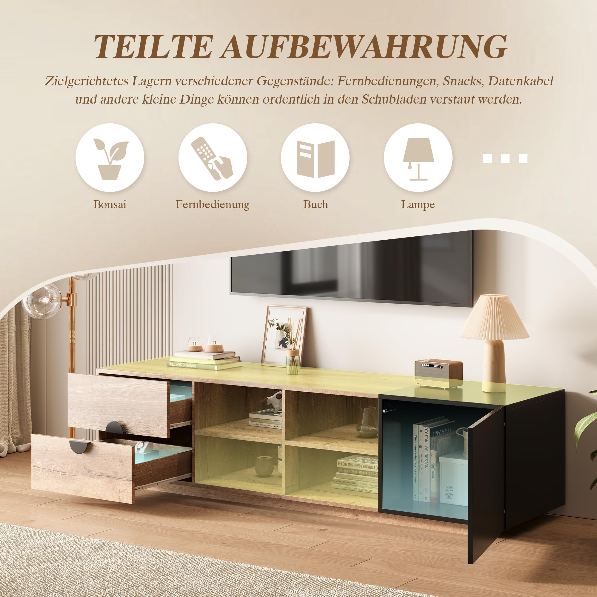 TV Schrank bis 80 Zoll, TV Lowboard mit LED, Fernsehtisch mit Offener Stauraum, TV Board, Fernsehschrank, Sideboard, für Schlaf- und Wohnzimmerschrank, Hochglanzdesign, 180cm, Schwarz