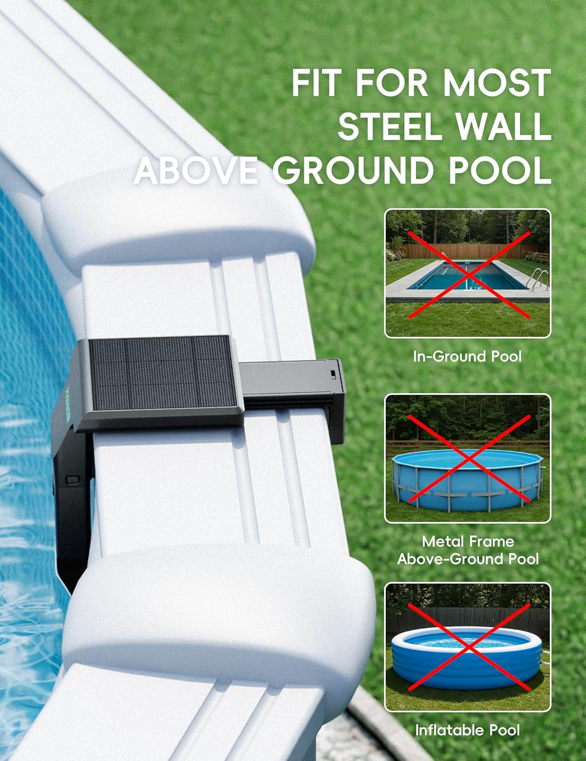 Close-up of the solar pool light clamp mechanism on a pool wall.