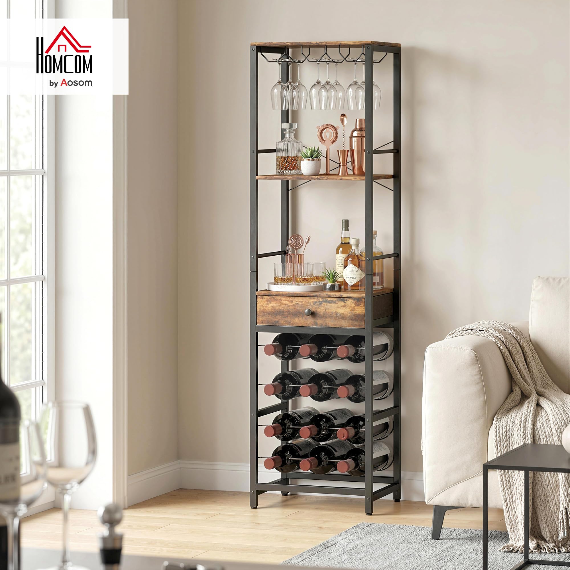 HOMCOM Casier à Bouteilles pour 12 Bouteilles, casier à vin avec étagère Ouverte et tiroir, Style Industriel, étagère à vin en métal pour Cuisine, Salon, Bar, 40 x 30 x 148 cm, Brun Rustique