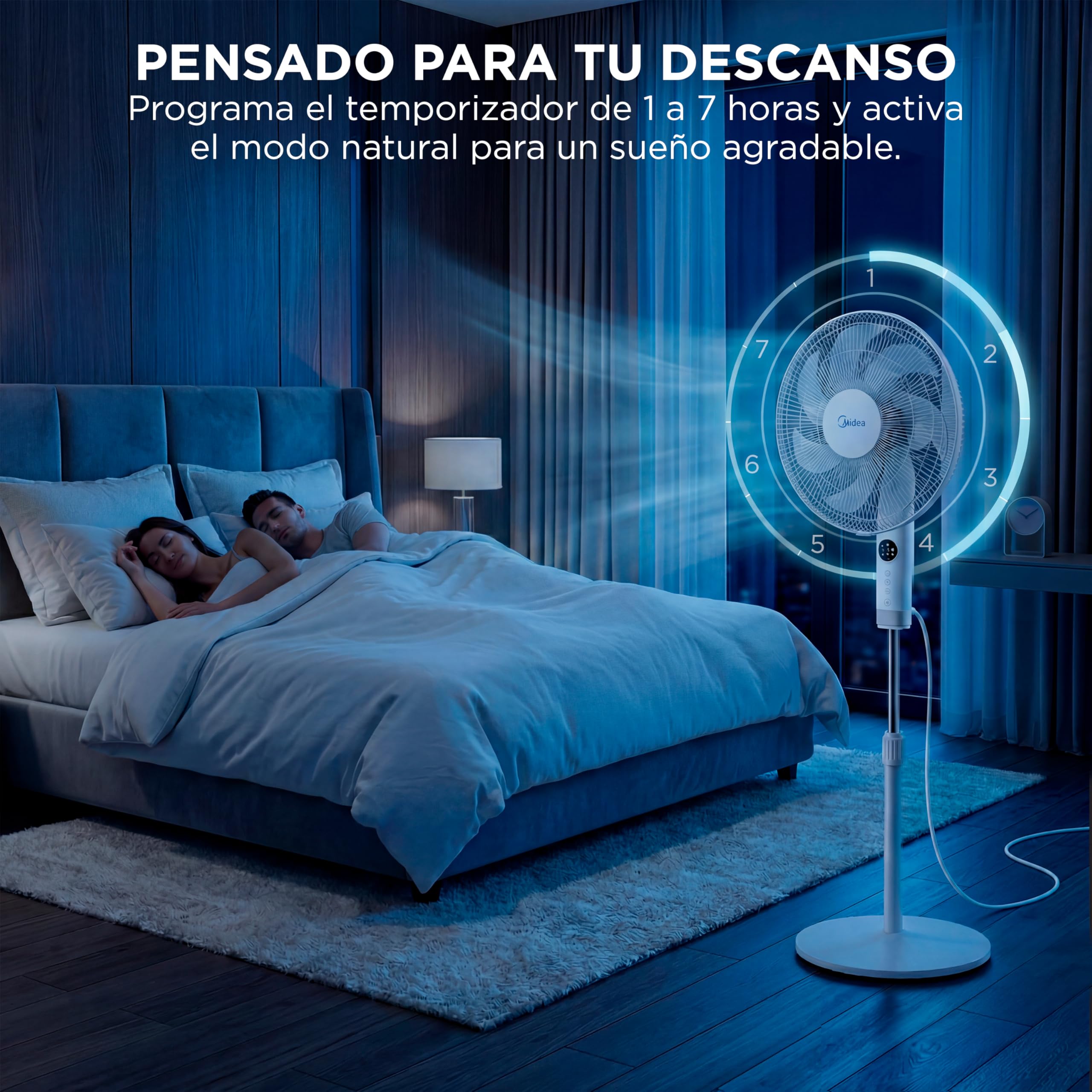 Midea Ventilador de Pie silencioso con Mando a Distancia y 3 velocidades - Ventilador Silencioso Oscilación 90º- Ventilador de Pie con Mando Temporizador 7h, Panel LED, Potente Motor, Altura Ajustable