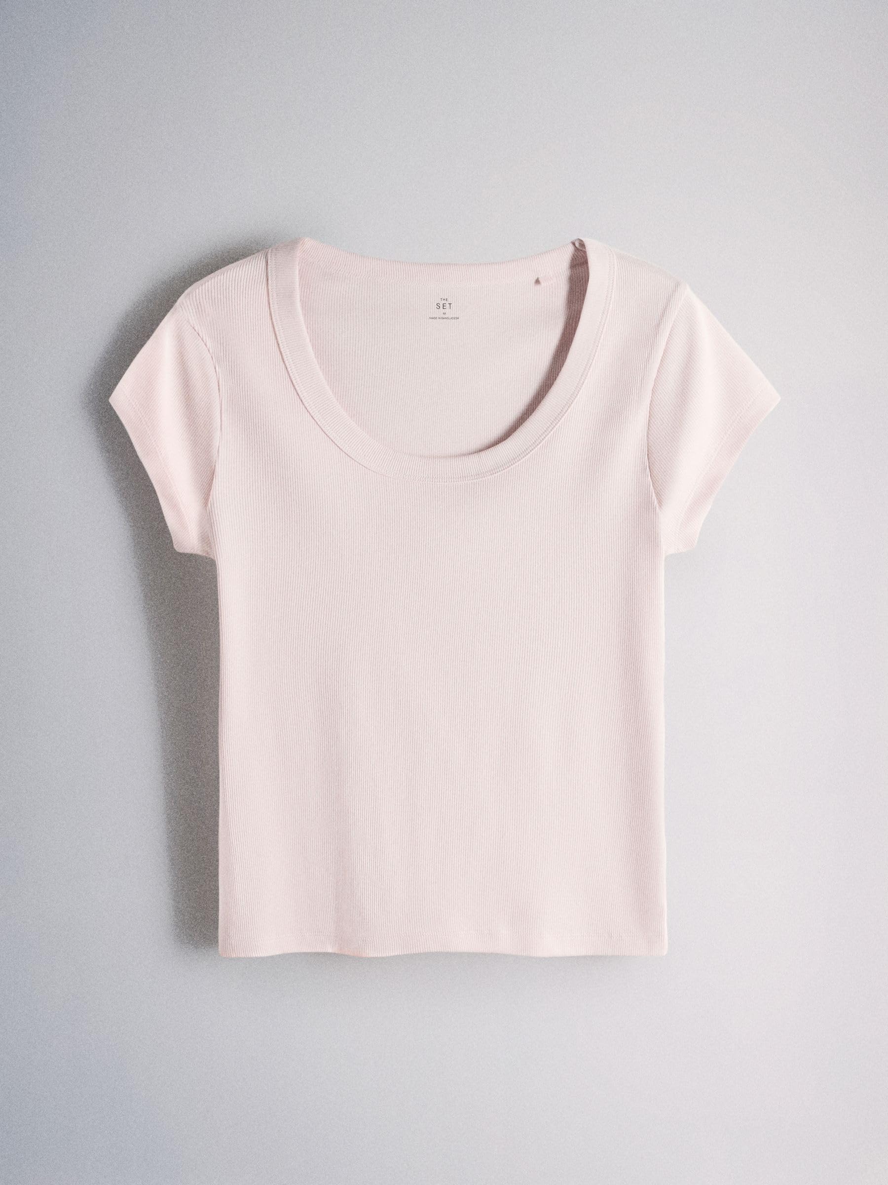 THE SET Damen Gerippte T-Shirts mit U-Ausschnitt und überschnittenen Schultern, 5er-Pack