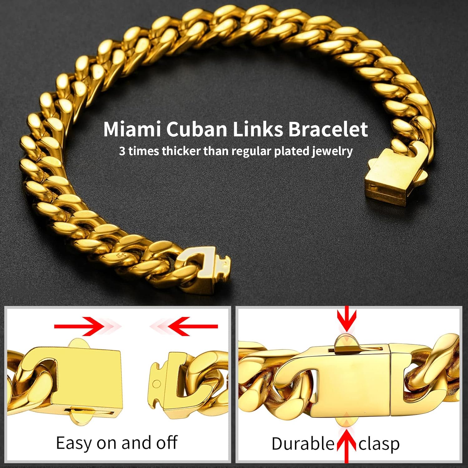 ChainsHouse Stainless Steel Cuban Link Bracelet for Men, 5mm/7mm/9mm/12mm Width, 7.5"/8.3"/9" Length, Black/18K Gold Plated Chain Wrist Bracelets for Men, with Gift Box - Image 4