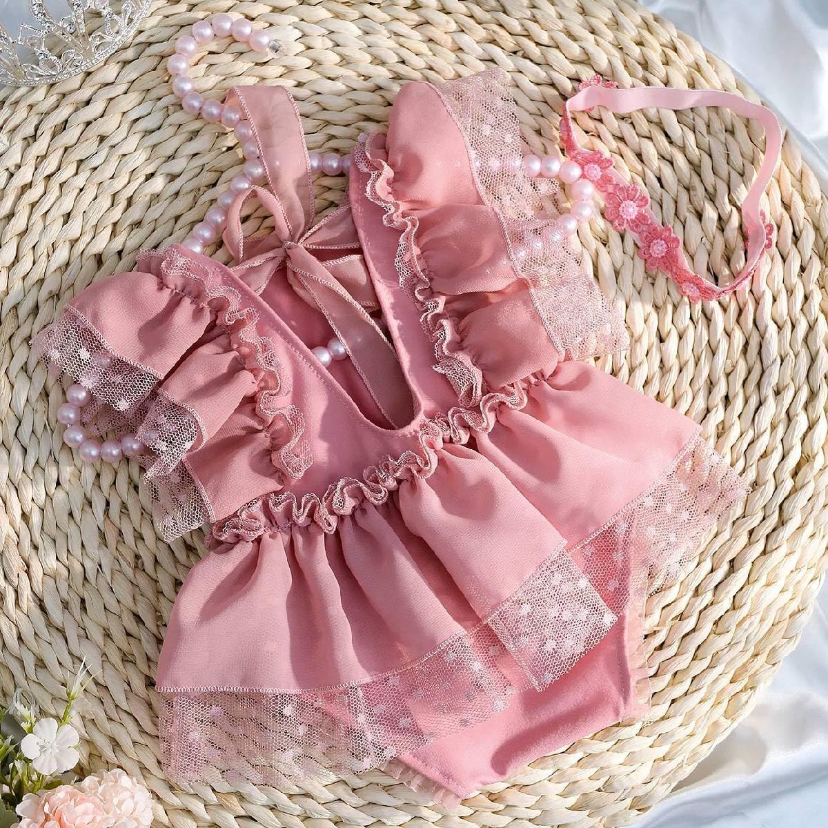 Newborn Photo Props Outfits Girl Baby Photography Props Newborn Girl Romper Headress Infant Princess Costume (Pink A) - Image 3