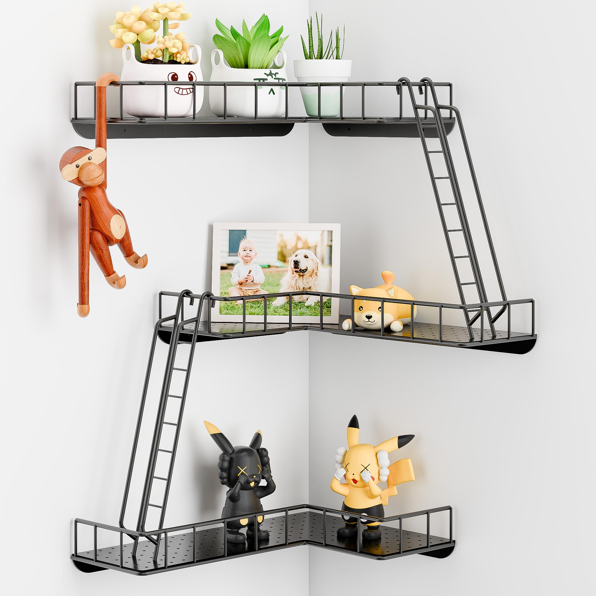 WOPITMER Fire Escape Wall Shelf - Modern City Style 3-Tier Corner Wall Shelves, Easy to Install Metal Ladder Shelf for Figures, New York Decorative Shelves for Bathroom, Living Room & Home Decor,Black