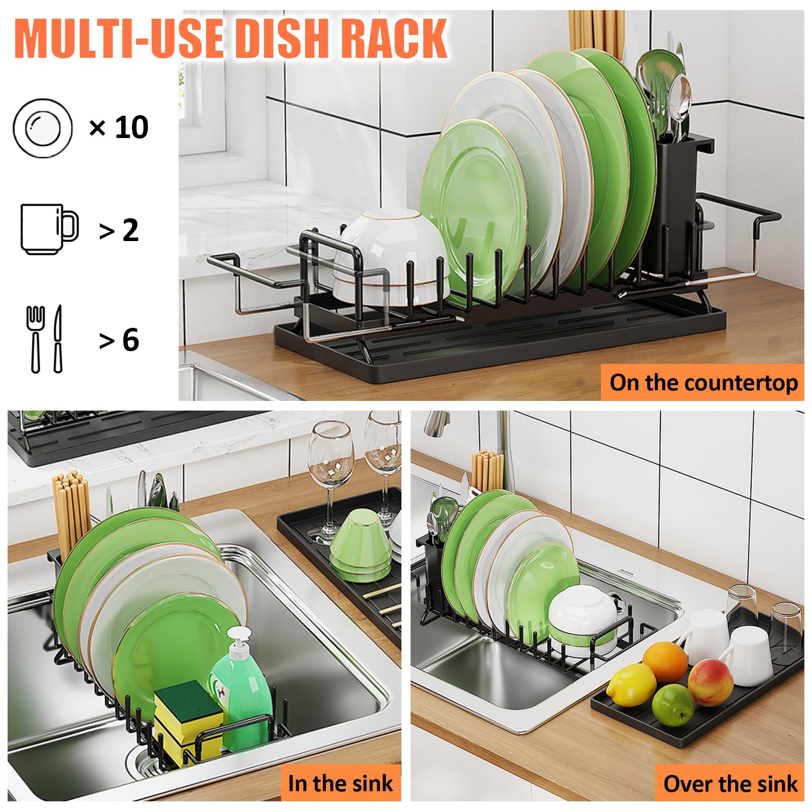 Piccolo scolapiatti telescopico sopra il lavello, scolapiatti con vassoio in silicone per scolapiatti per lavello da cucina e piano di lavoro organizer per stoviglie