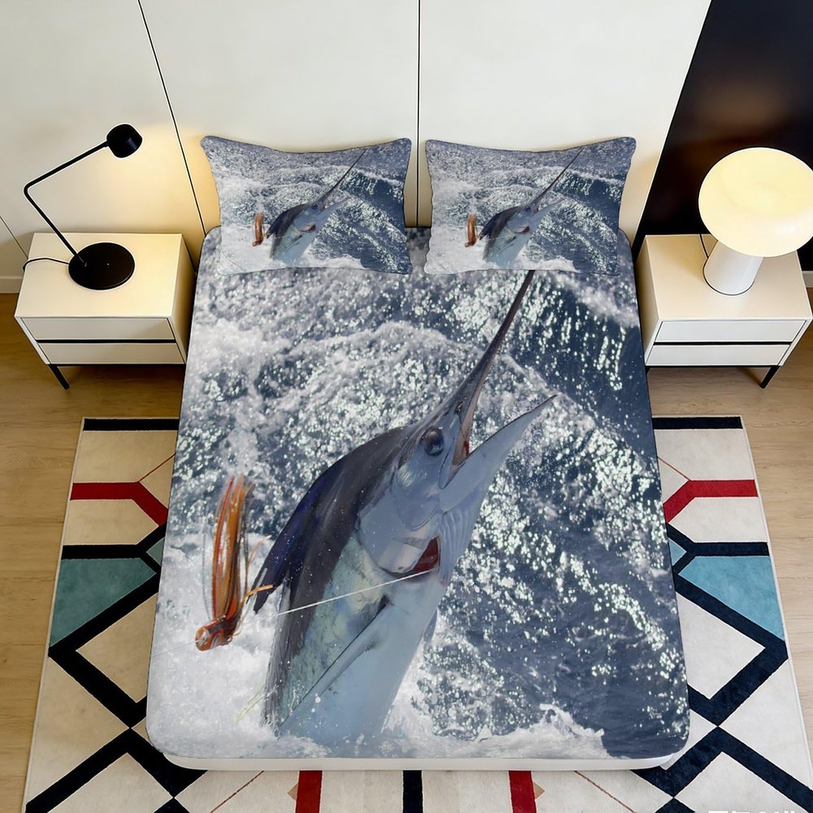 Jqzkxnhpbr Style-3 3D Printed Ocean Shark Fitted Sheet Microfiber Soft Blue Wave Mattress Cover For Bedroom Guest Room Decor 90X200x25cm