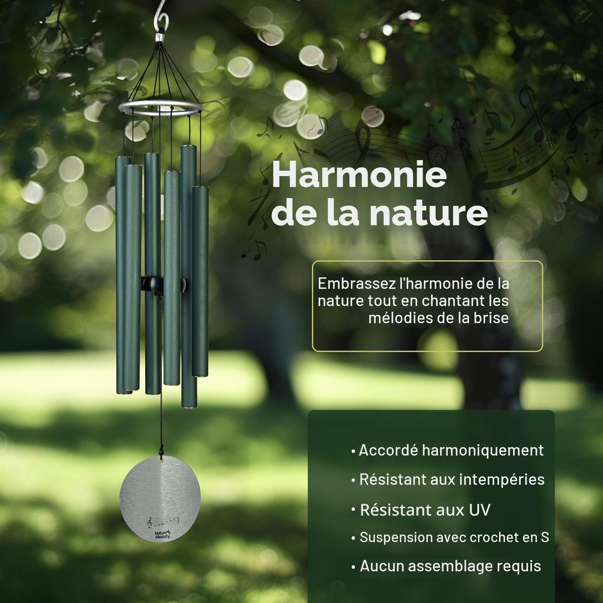 Nature's Melody Aureole Tunes Carillon à Vent d'extérieur, 6 Tubes, Gamme pentatonique de Mi, Aluminium Inoxydable, Finition poudrée, Crochet en S, pour condoléances, Cadeau commémoratif, Jardin Zen