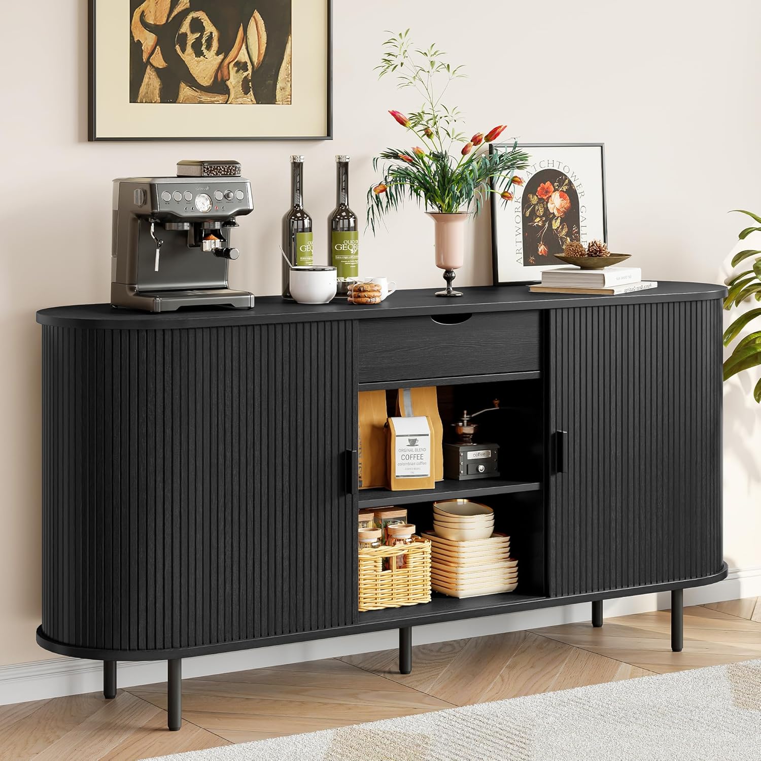 ONBRILL 63'' Fluted Sideboard Buffet Cabinet with Storage, Large Credenza Storage Cabinet with Drawers, Mid Century Modern Buffet Table Accent Console Cabinet for Kitchen Living Room Enrtyway, Black