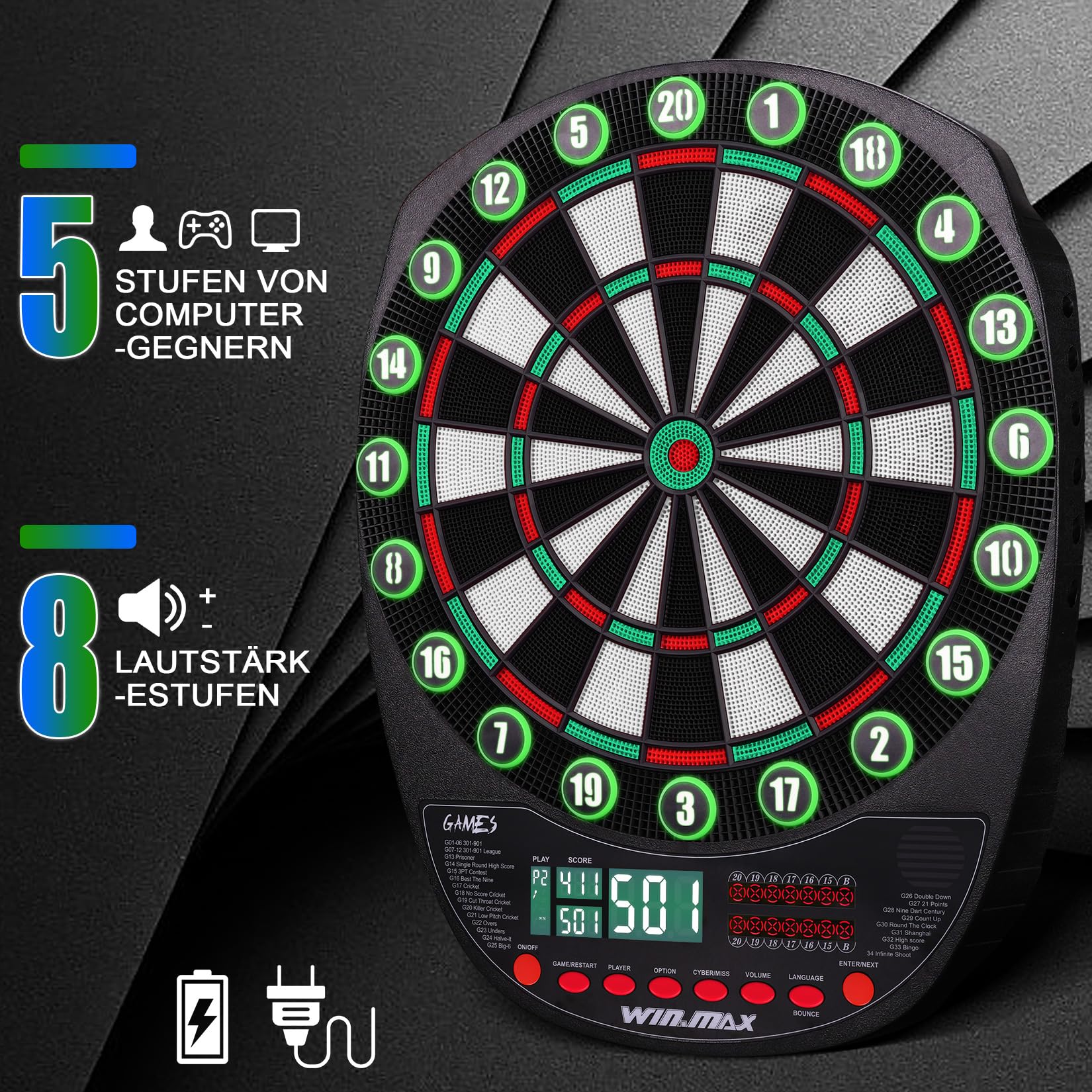 WIN.MAX Elektronische Dartscheibe Profi Set mit 354 Varianten 3 Sprachen: Deutsch, Englisch, Französisch für 1 bis 8 Spieler mit 12 Darts
