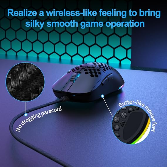 TMKB Falcon M1SE Ultralight Honeycomb Gaming Mouse, High-Precision 12800DPI Optical Sensor, 6 Programmable Buttons, Customizable RGB, Drag-Free Paracord, Ergonomic Wired Gaming Mouse - Matte Black | High-Precision Optical Sensor, 6 Programmable Buttons, Customizable 16.8M RGB, Ergonomic, Drag-Free Paracord, PTFE Skates