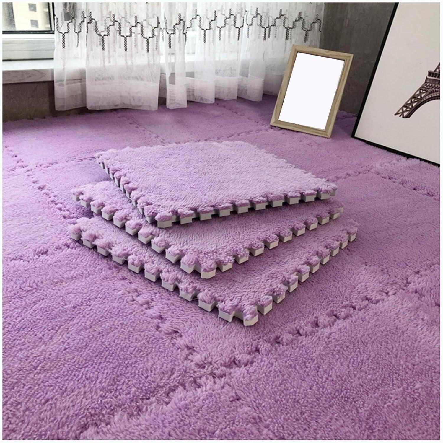 LoiYtrd Plush Foam Floor Mat 12x12inch Square Foam Playmat Fluffy Interlocking Foam Tiles(Purple,20pcs)