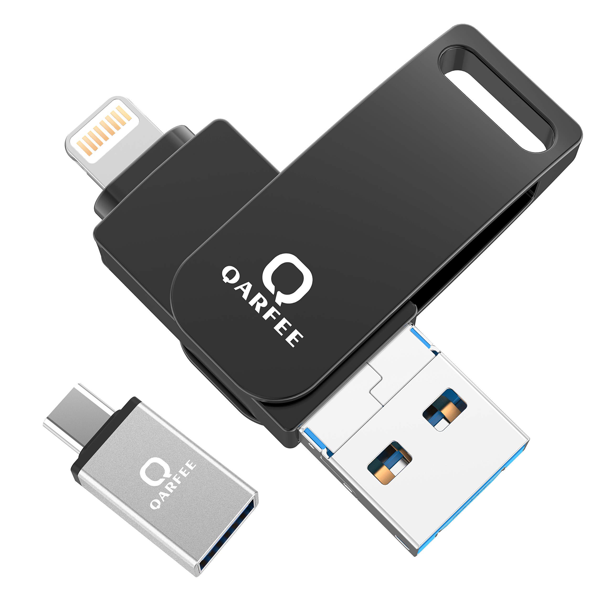 QARFEE Flash Drive 32GB Compatible with Apple and Andriod Devices, Memory Stick Expansion for IPhone,Android Phone,Tablet, PC and Devices with USB/Micro USB/Type C/IOS L-Port, Black