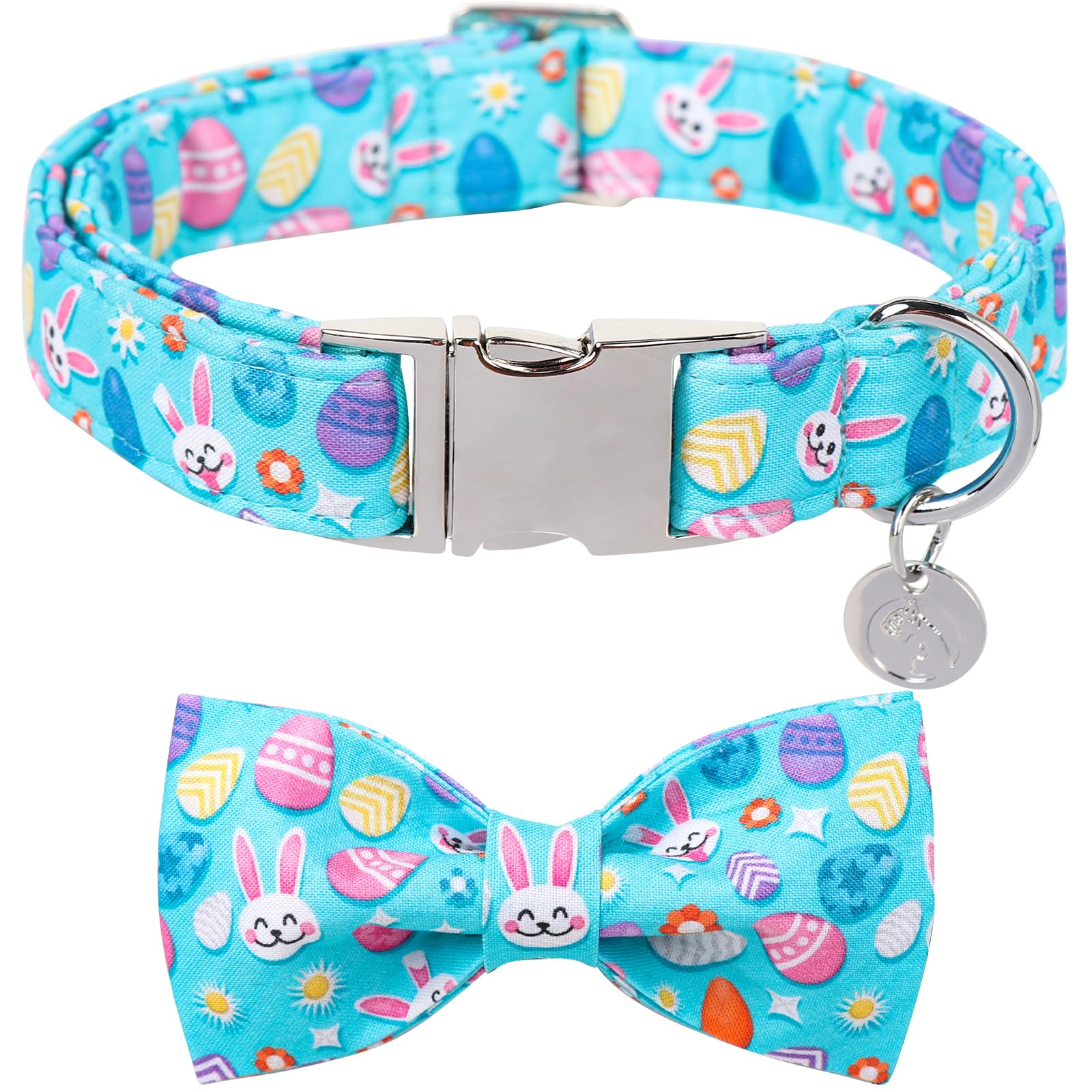 DOGWONG Cotton Easter Dog Collar with Bowtie, Soft Adjustable Blue Rabbit Easter Day Collar for Small, Medium, Large Dogs