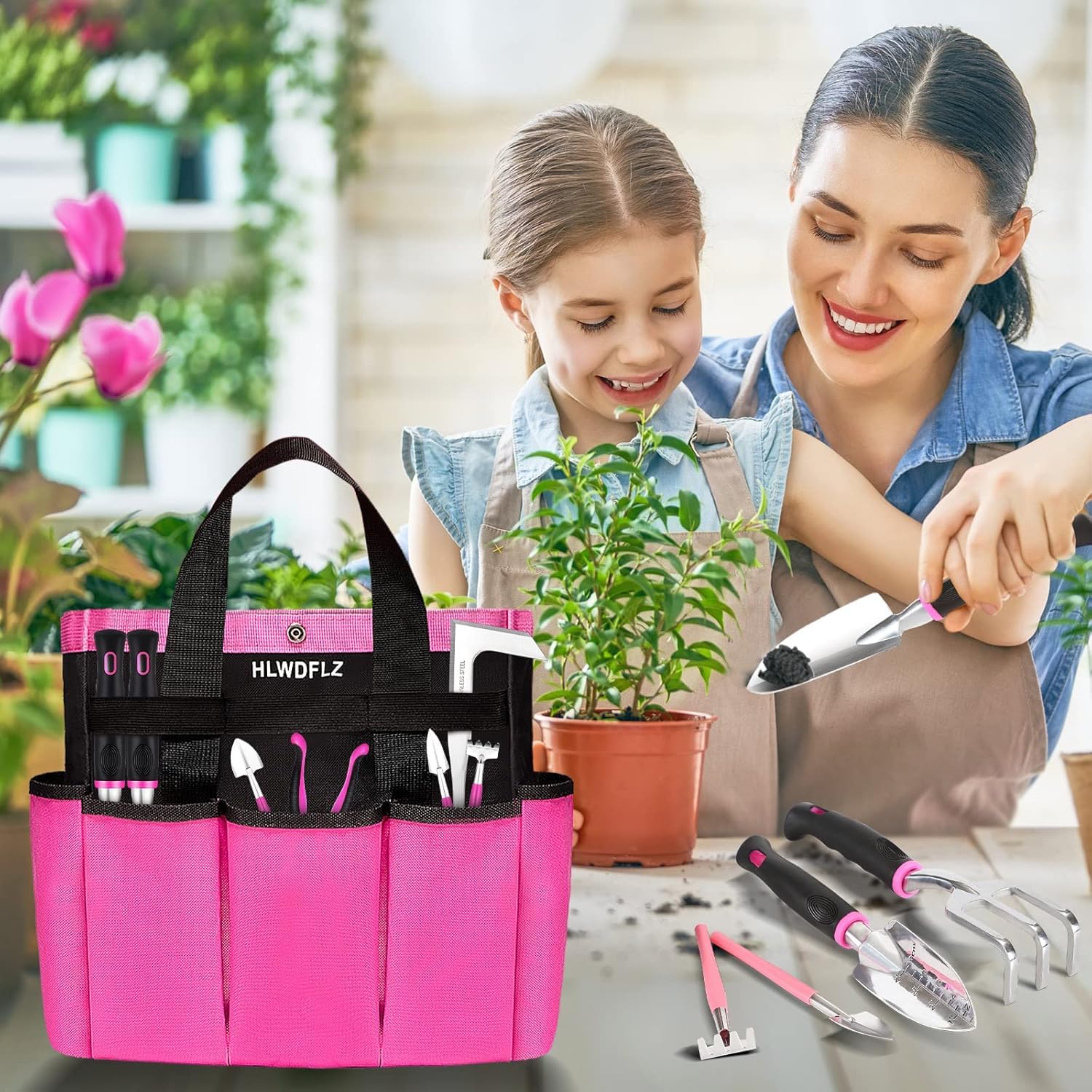 Juego de Herramientas de jardín Rosa para Mujer, 24 Herramientas de jardín Resistentes con Bolsa de Almacenamiento Desmontable, Juego de Herramientas suculentas, desbrozador