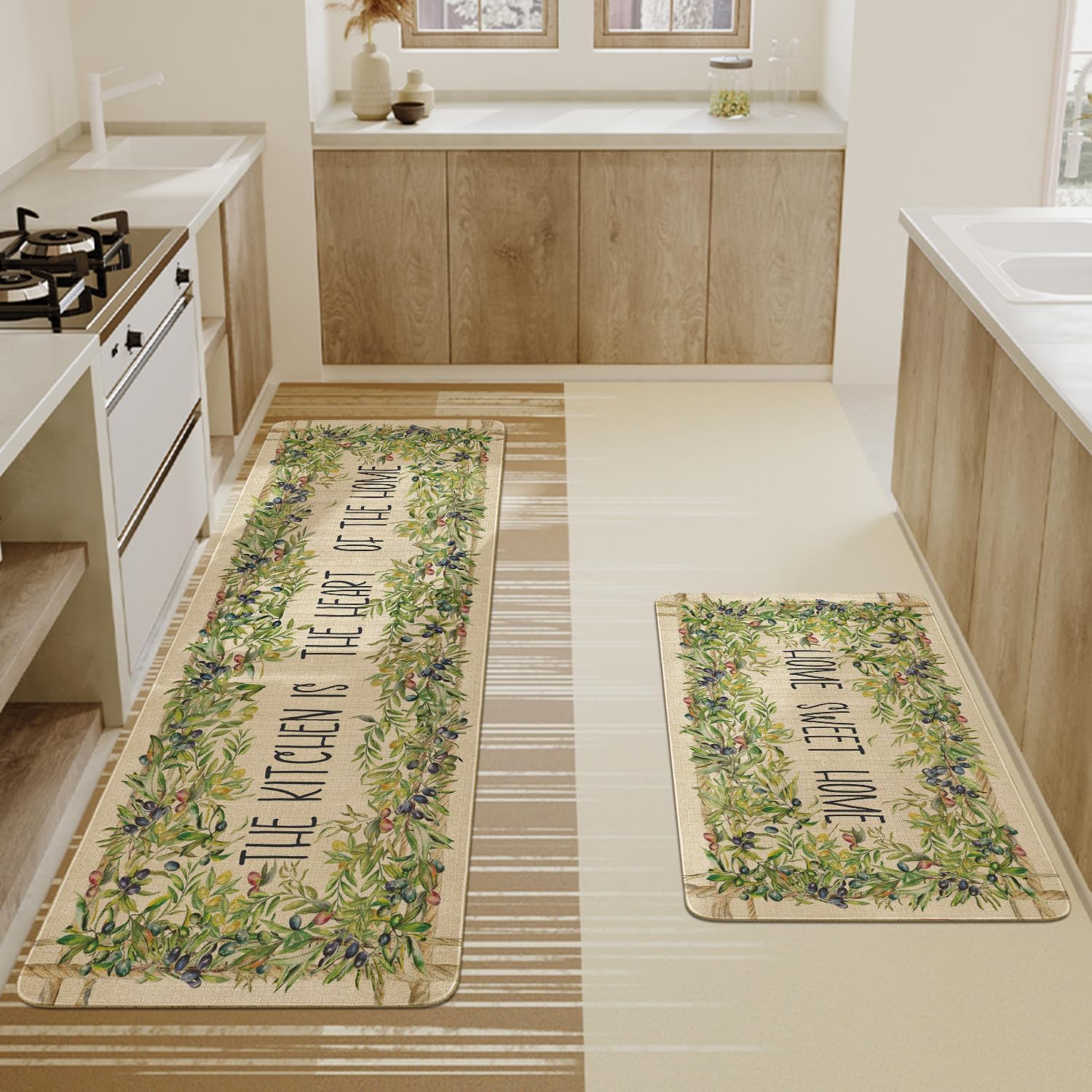Spring Summer Farmhouse Kitchen Rugs and Mats Set of 2,Easter Olives Green Leaves Farmhouse Non Slip Washable Floor Sink Mats Decorations for Home Kitchen 18"x48"+18"x30"