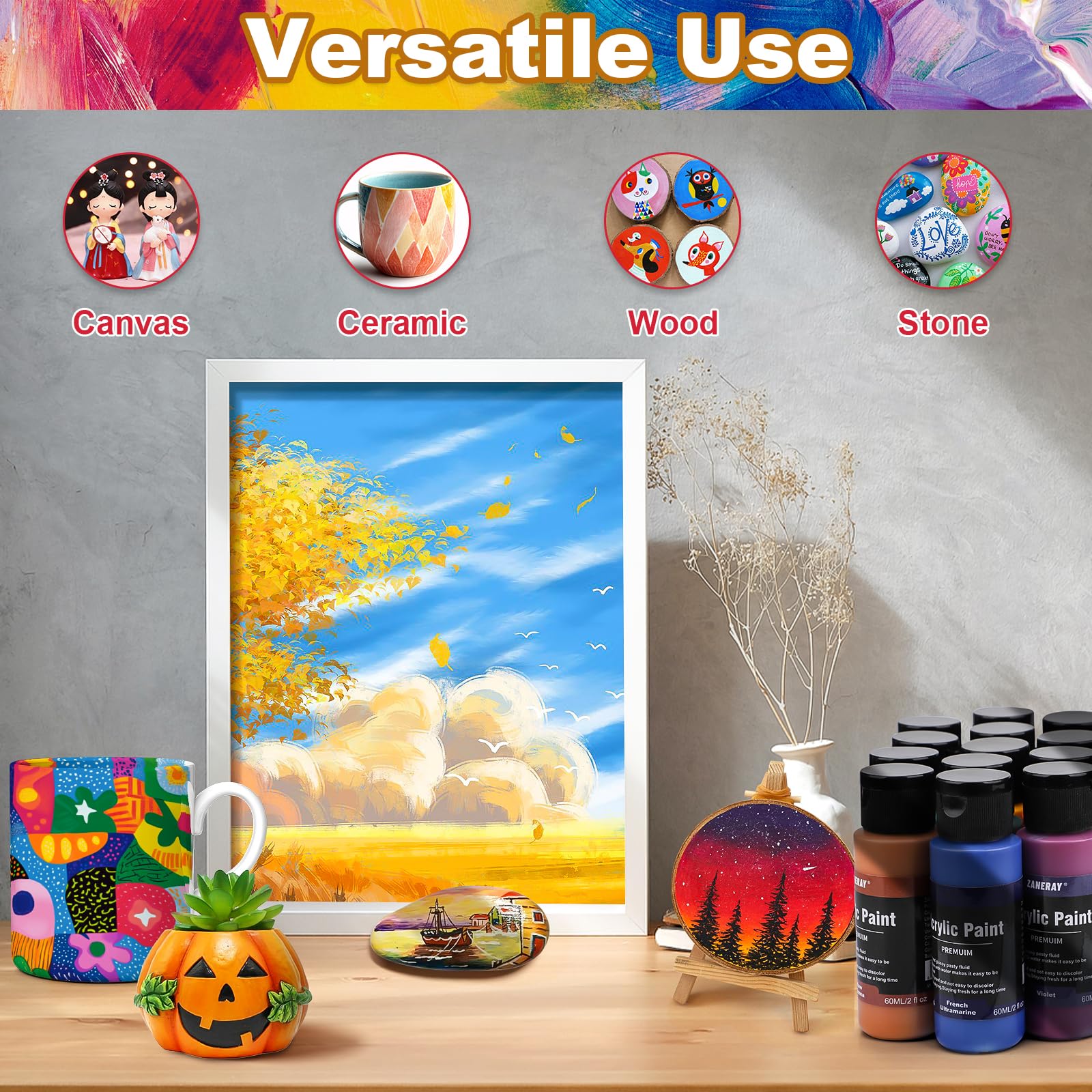 Juego de pinturas acrílicas, 36 unidades, 60 ml, pintura acrílica resistente al agua, para artistas, principiantes, adultos, pinturas acrílicas para lienzo, piedras, madera, con 12 pinceles y