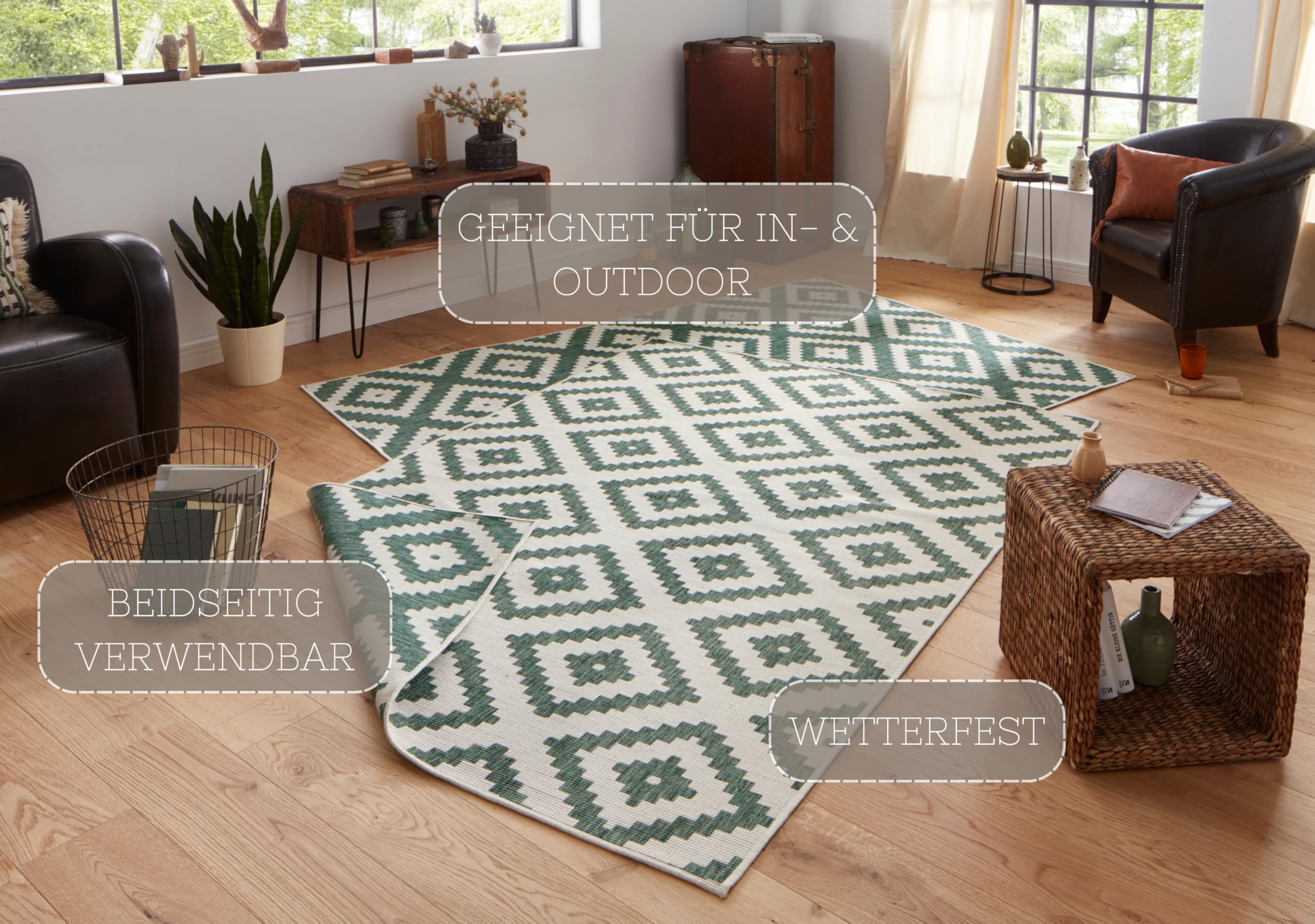 NORTHRUGS In- und Outdoor Teppich Malta 240x340 cm - Wendeteppich Wetterfest Modernes Geometrisches Muster Teppich für Balkon Terrasse Garten Wintergarten Wohnzimmerteppich Wasserfest in Grün Creme