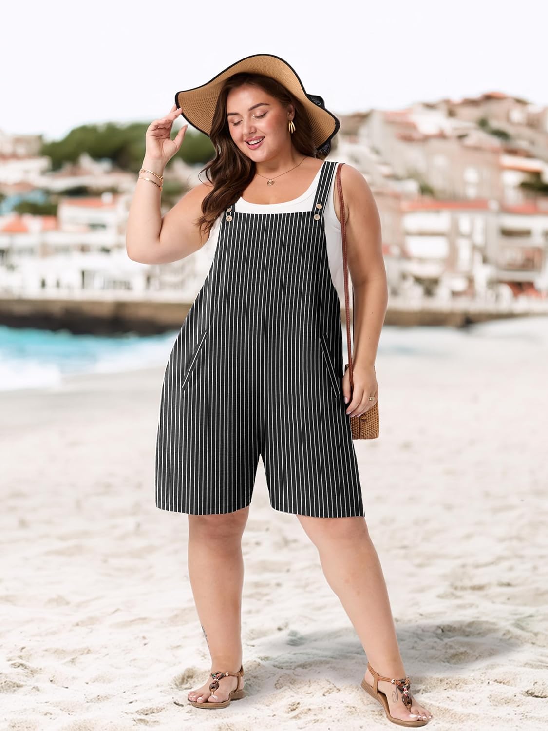 OLRIK Plus Size Rompers for Curvy Women - Comfy Summer Overalls Adjustable Straps & Pockets, Lightweight Short Jumpsuit