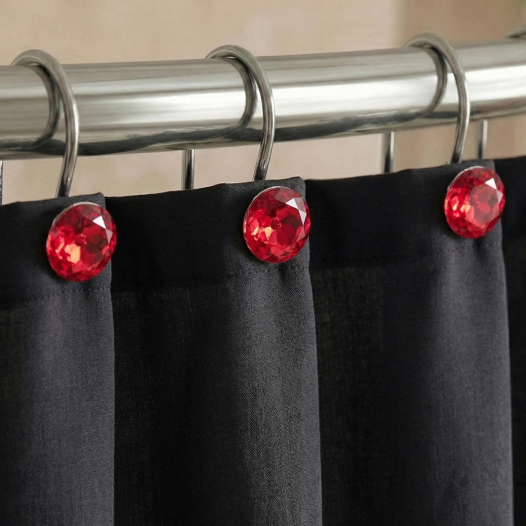 Red Crystal Shower Curtain Hooks: Bling Glitter Sparkle Shiny Round Diamond Decorative Shower Curtain Hooks for Bathroom - Luxury Fancy Glam Burgundy Rhinestones Curtain Rings & Hangers - Set of 12