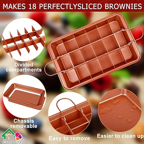 Miniatura 2 de Bandeja para brownie con divisores, bandeja para brownies con cortador, sartén antiadherente para hornear brownie con cepillo para espátula, moldes