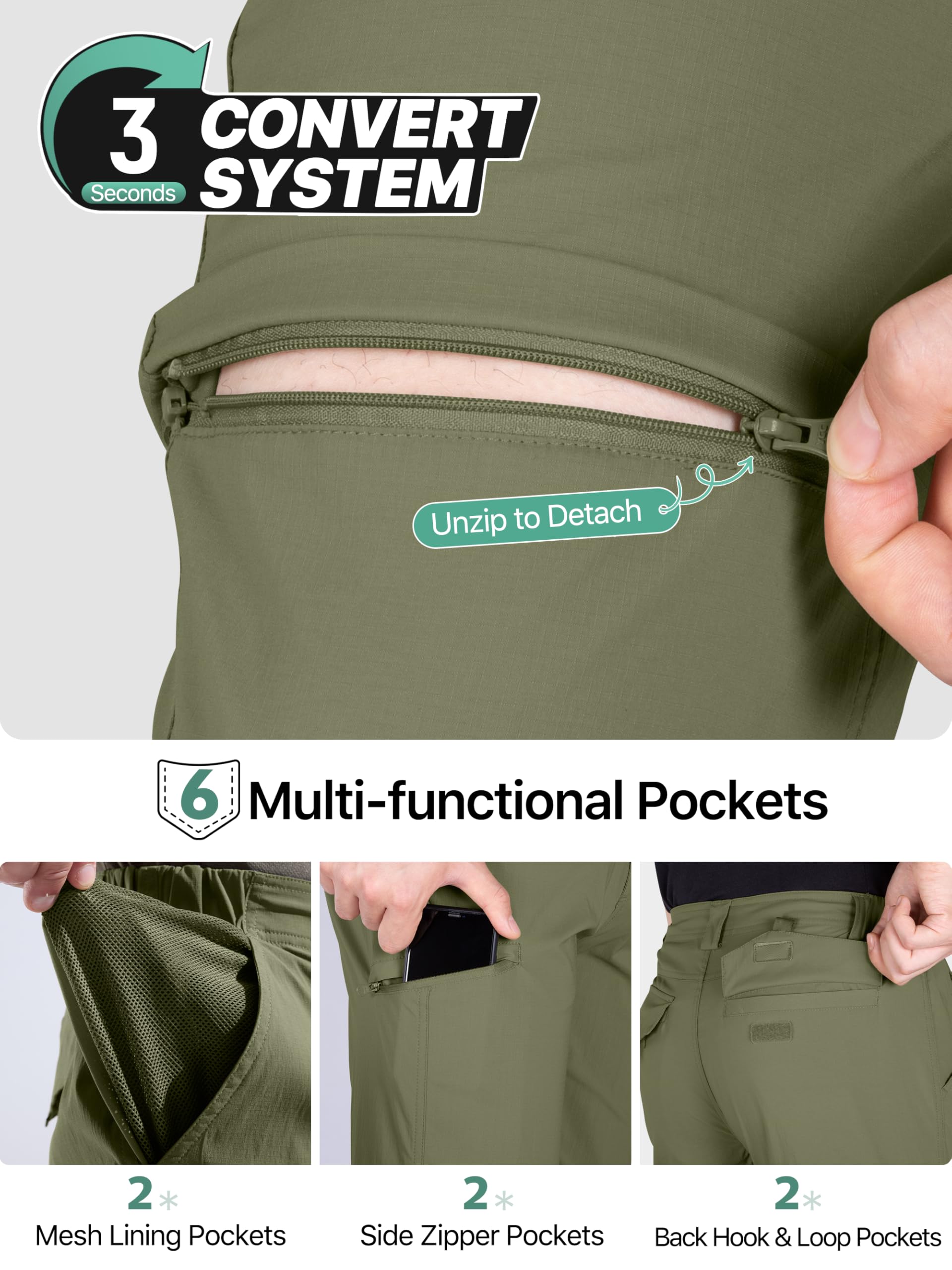 FREE SOLDIER Pantalon de randonnée convertible pour homme avec ceinture - Léger - Séchage rapide - Nylon et élasthanne - Vert militaire - 30 W/30 L