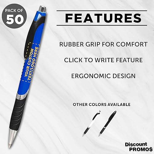 Miniatura 2 de DISCOUNT PROMOS Bolígrafos con agarre de goma, paquete de 50 unidades, texto personalizable, logotipo, bolígrafo de tinta negra con plástico suave