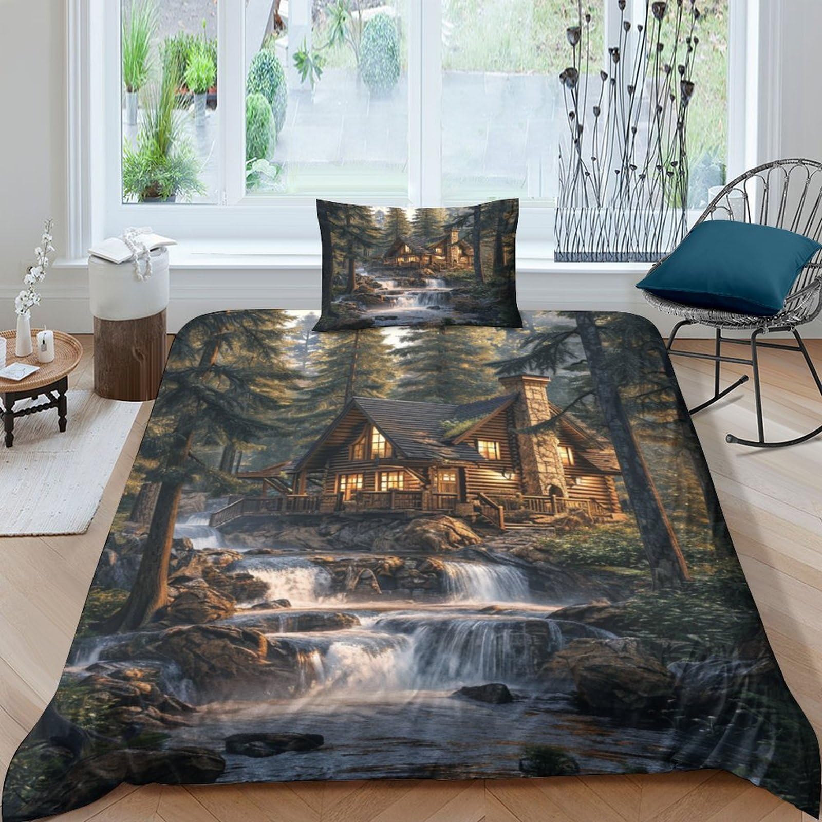 Housses de couettes chalet de montagne 135x200 anti-plis, parure lit simple microfibre douce