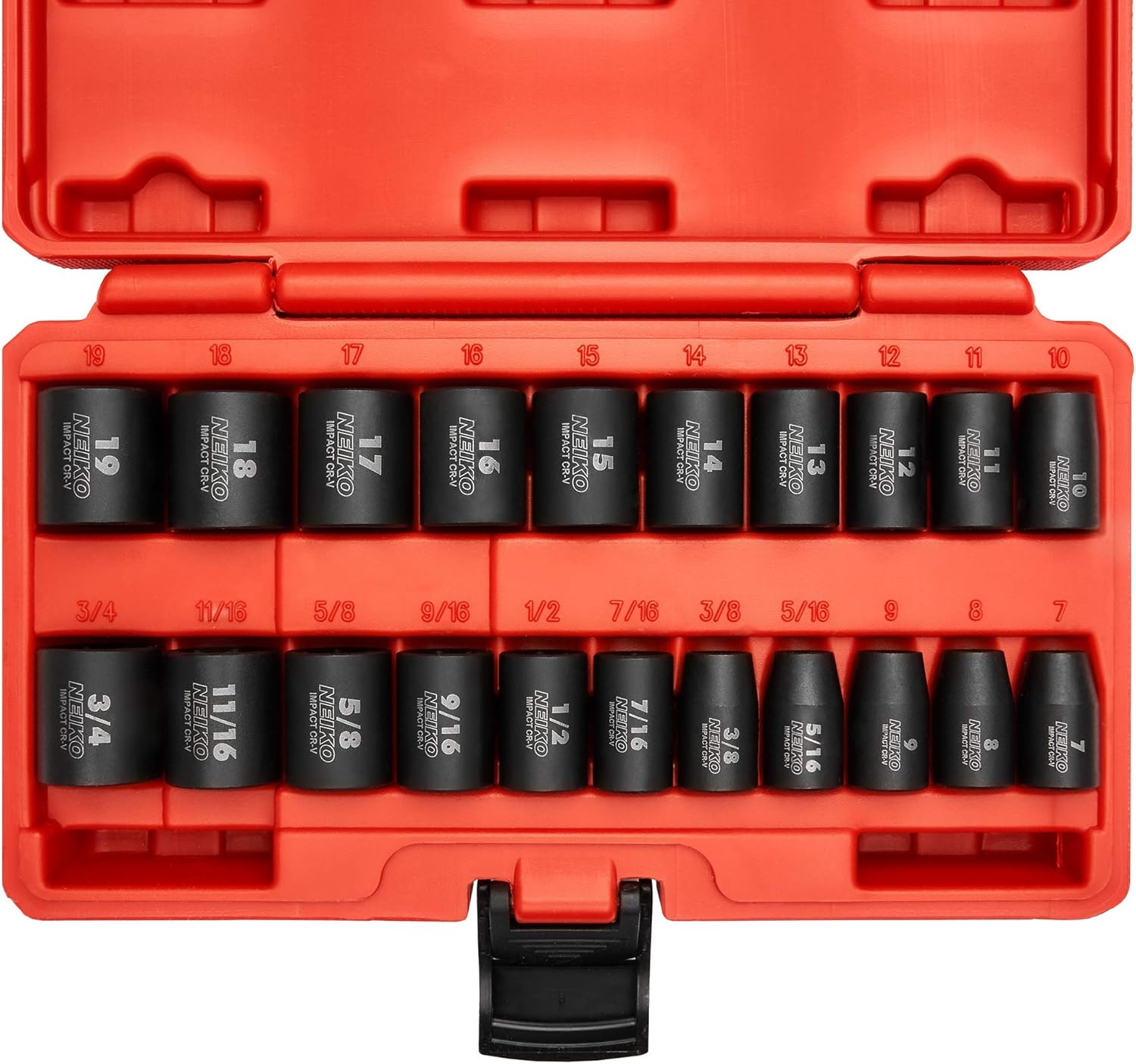 NEIKO 02432A 3/8” Drive SAE and Metric Impact Socket Set 21 Shallow Pieces SAE 5/16” to 3/4