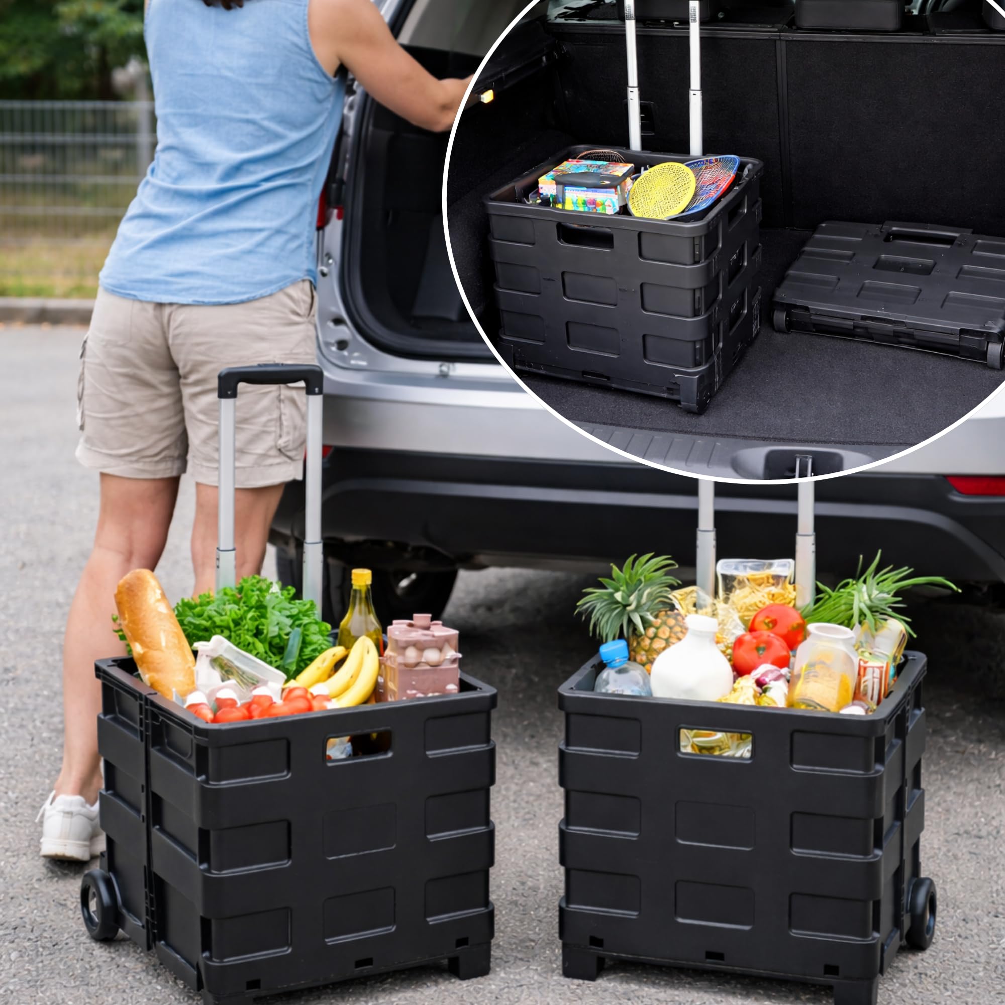 Pack de 2 Caja Plegable con Ruedas Multiusos | Carrito Compra Resistente 25kg | Cesta con Ruedas para uso Camping o Reciclaje | Ocupa poco espacio