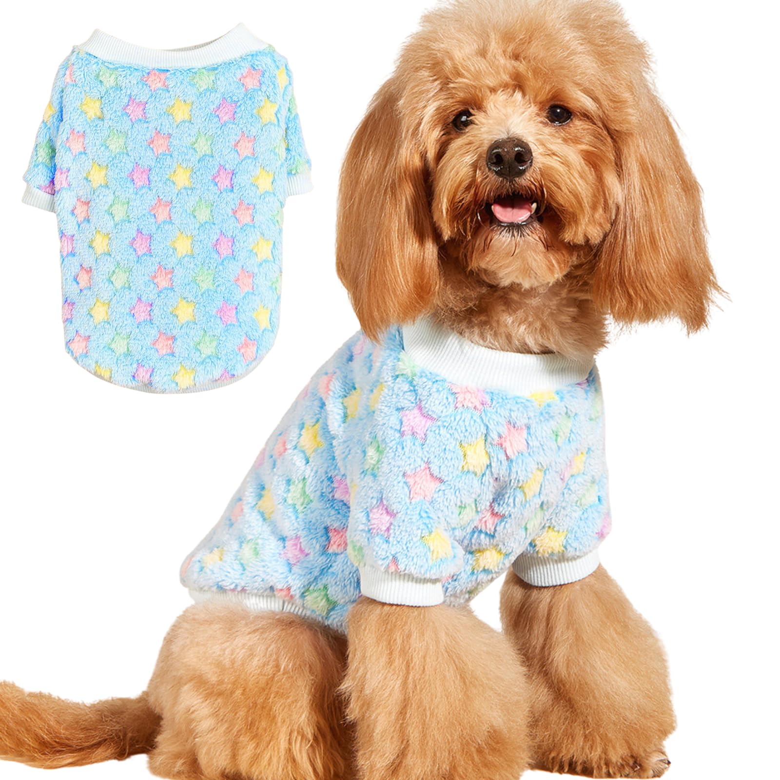 MeiAOBest Dog Winter Plush Warm Sweater,Cold Weather Pet Pajamas Pullover,Lovely Dog Flannel Clothing for Cat Puppy Small Dog_XL(Blue Star)