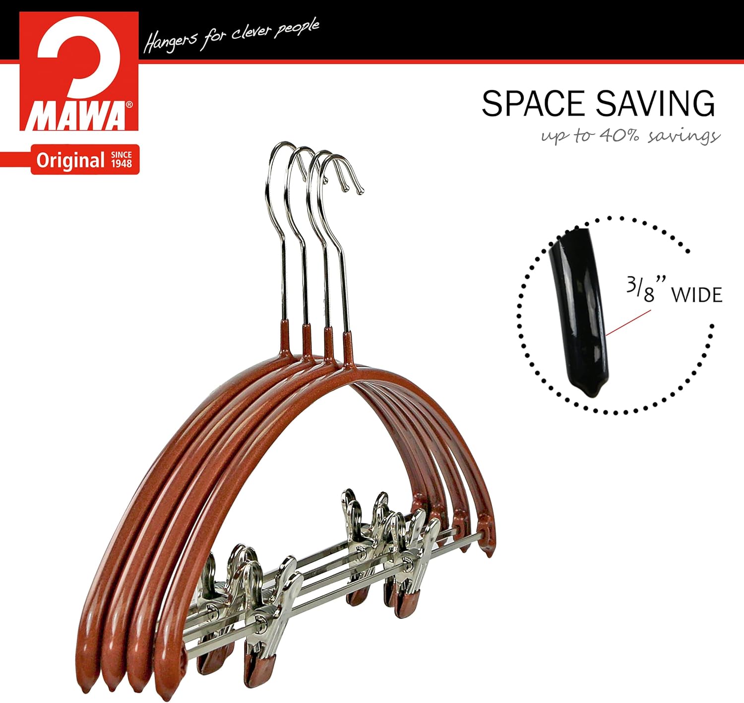 MAWA by Reston Lloyd European Non-Slip Metal Clothing Hanger, Smooth Shoulder Support & Adjustable Pant Clips, Set of 5, Copper