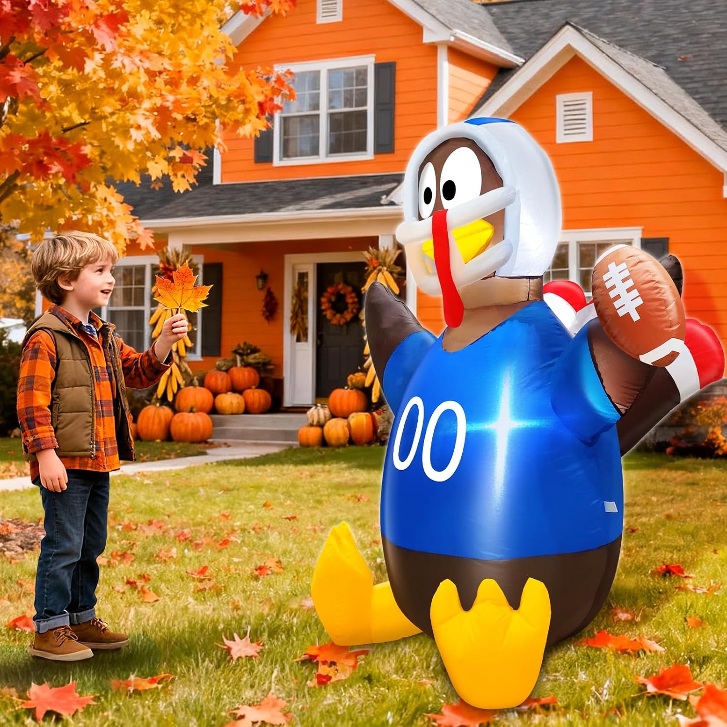 TURNMEON 4 Ft Thanksgiving Inflatable Decorations Outdoor American Football Turkey, Blow up Yard Decoration with LED Lights for Holiday Lawn Garden Autumn Fall Thanksgiving Decorations Outside Indoor