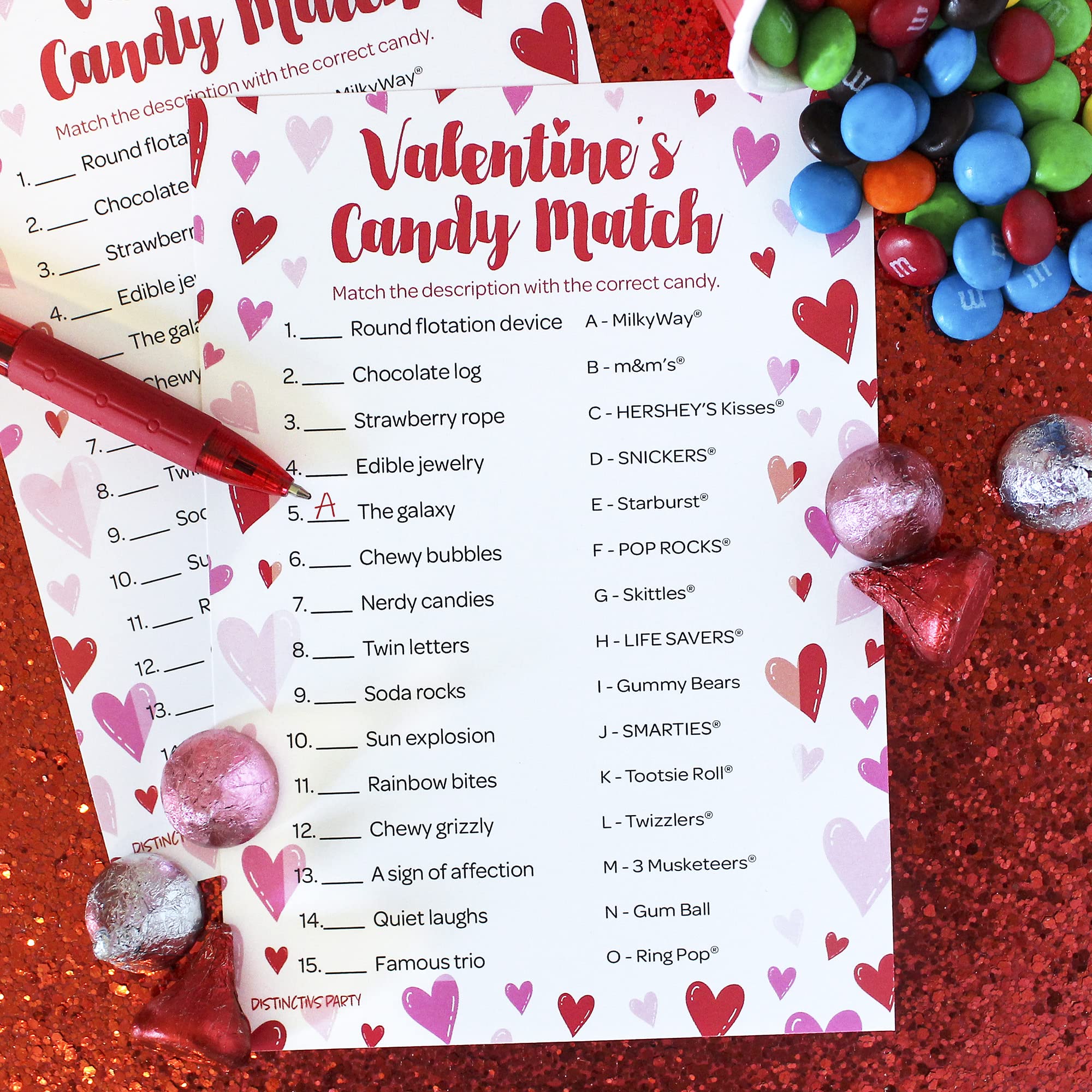 DISTINCTIVS Valentine's Day Candy Match Game, Classroom Party Activity for Kids and Adults - 25 Count, Valentine Guessing Game for Families, Couples, Friends