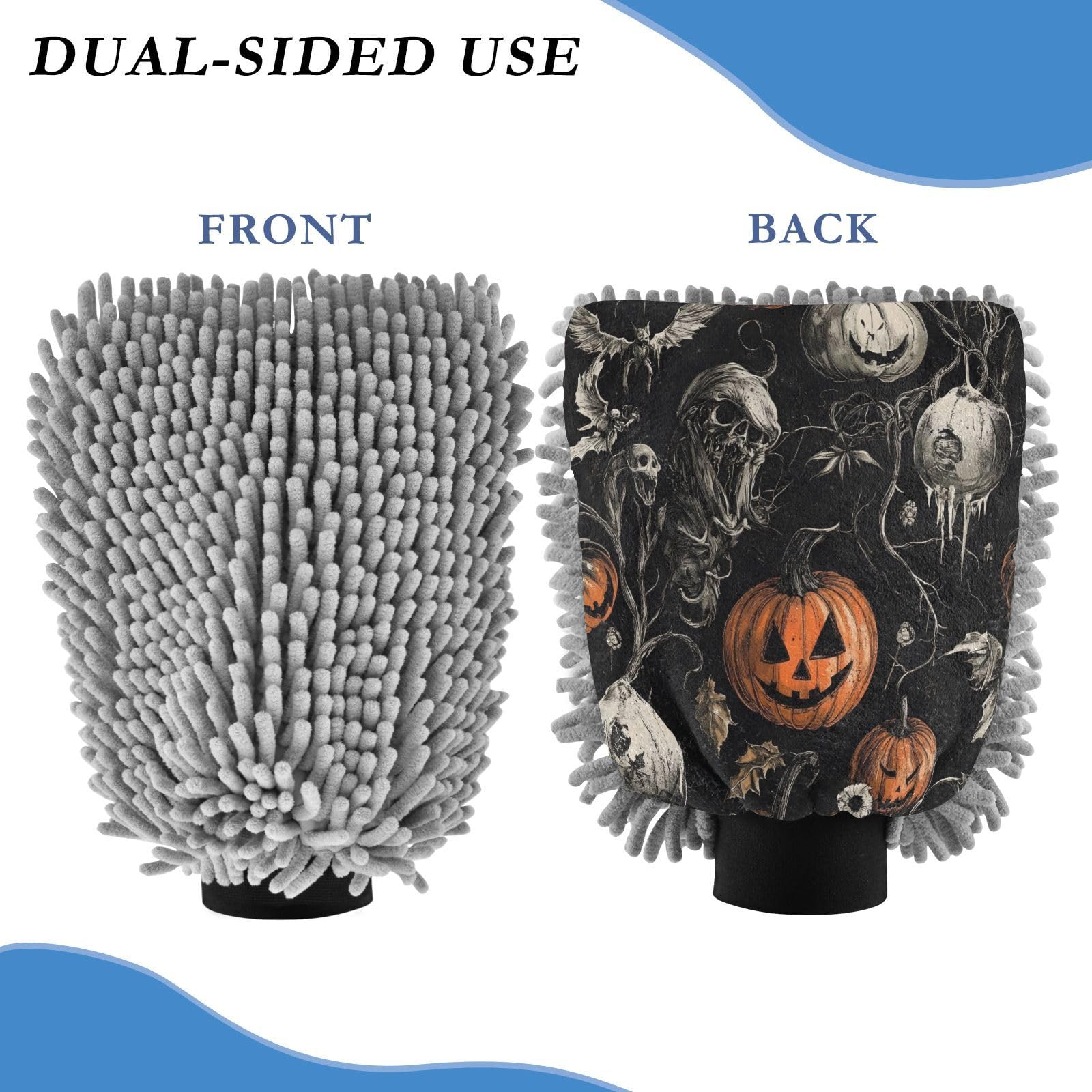 ALAZA Halloween Pumpkin Skull Scary Car Wash Mitt Scratch Free, 2 Pack Absorbent Microfiber/Chenille Washing & Drying Mitts, M