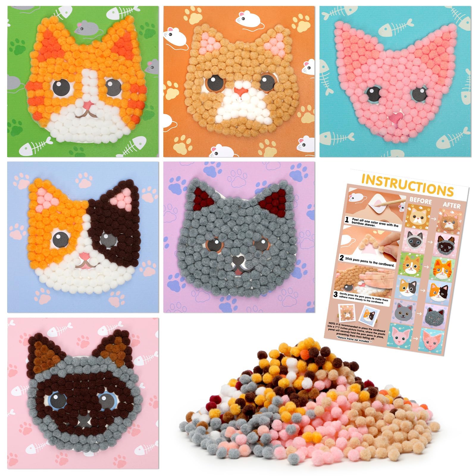 Upltowtme DIY Pom-Poms Art, Cat Crafts Kit for Kids Pet Toddler Crafts for Boys Girls Ages 3-5 - Sensory Activity Creativity 6 Patterns