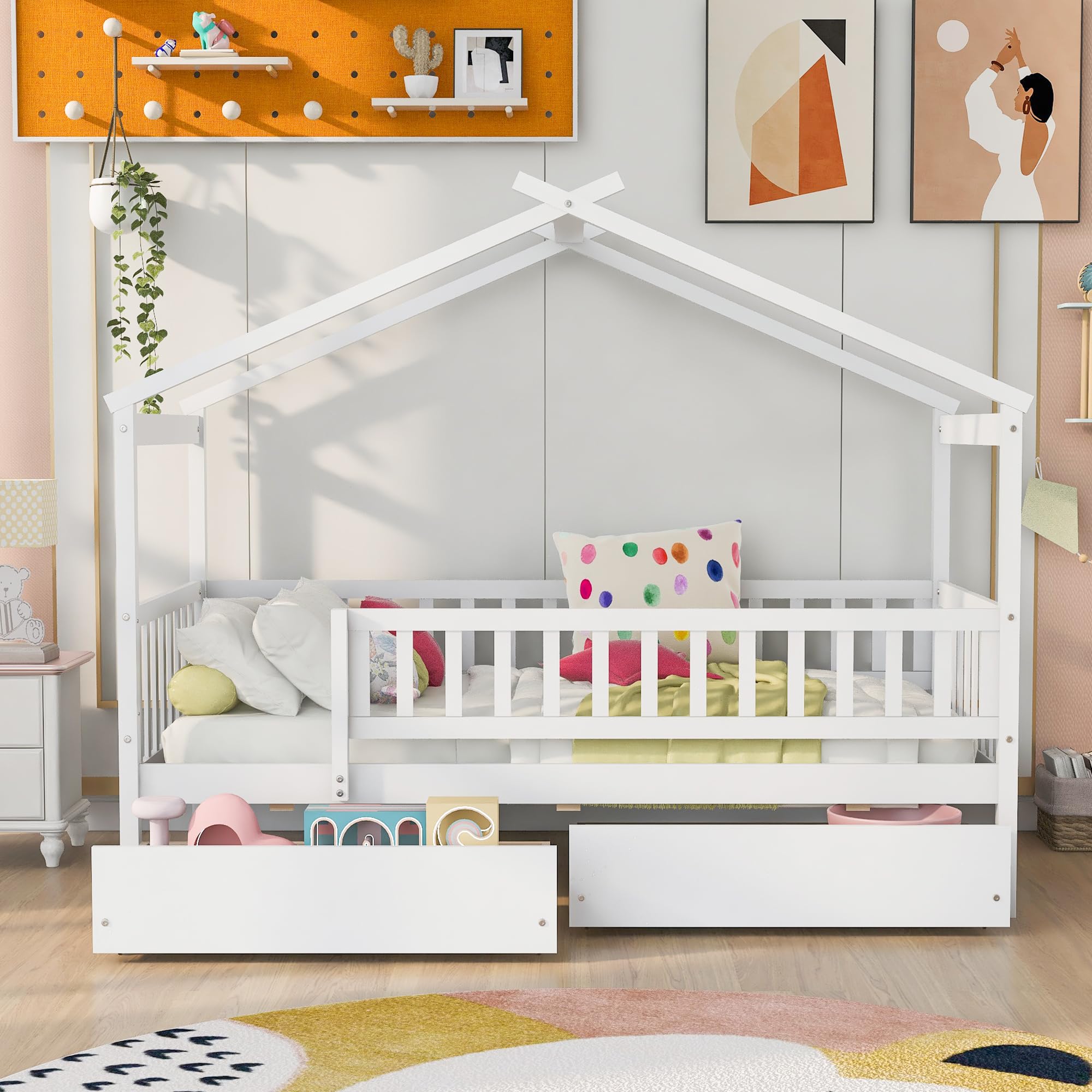 Harper & Bright Designs Twin Size House Bed for Kids, Wooden Twin Bed Frame with 2 Storage Drawers, Twin Montessori Bed with Roof & Rails Design for Girls Boys, White